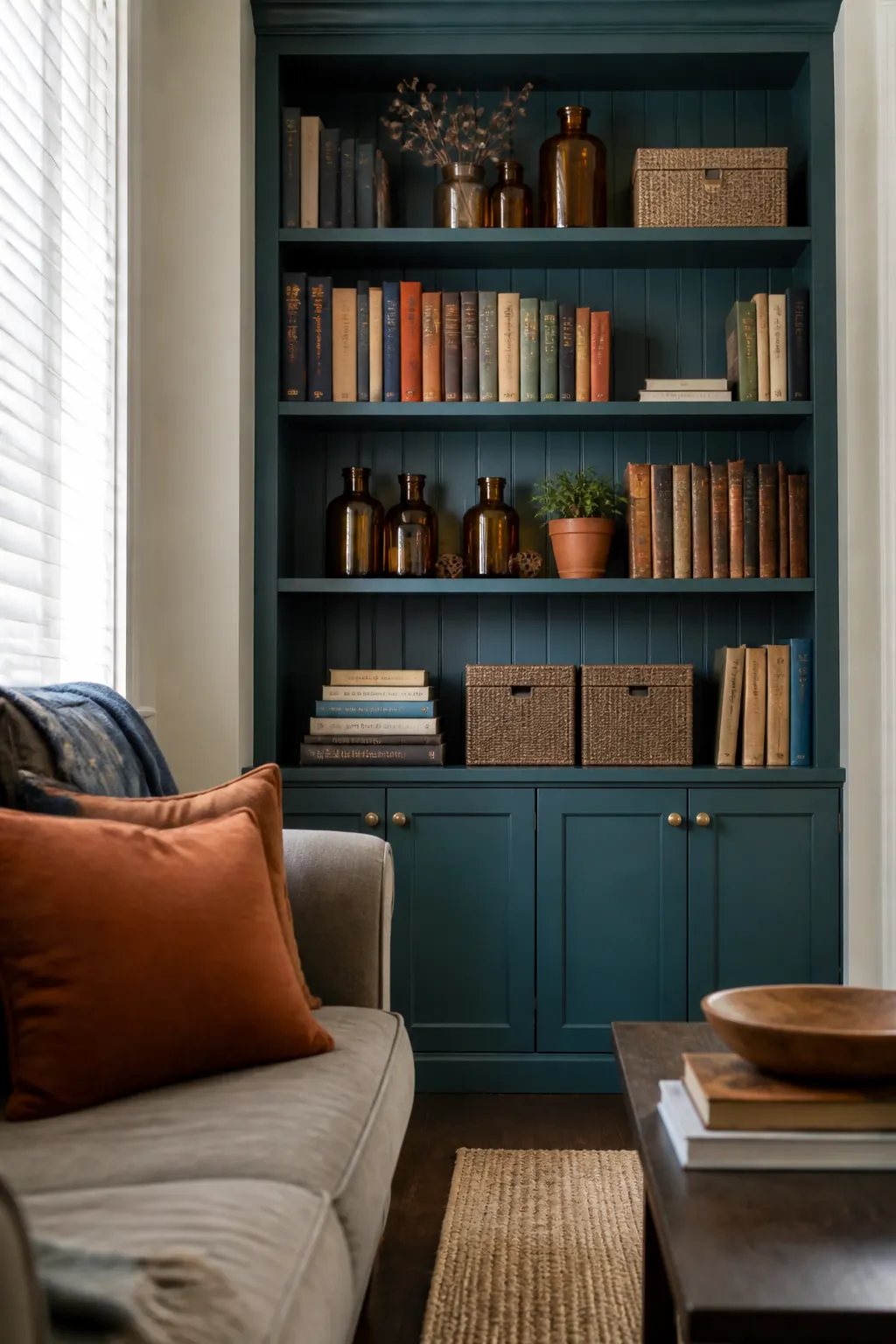 Teal Bookcase With Amber Glass styled for a blue and orange fall living room