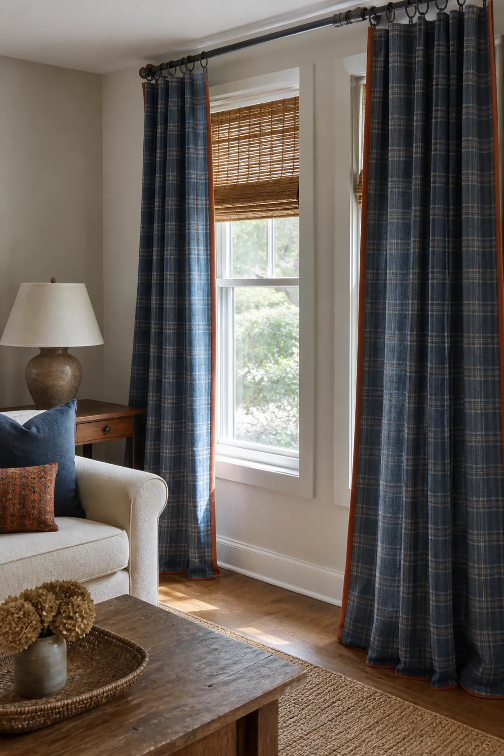 Blue Plaid Curtains With Rust Trim styled for a blue and orange fall living room