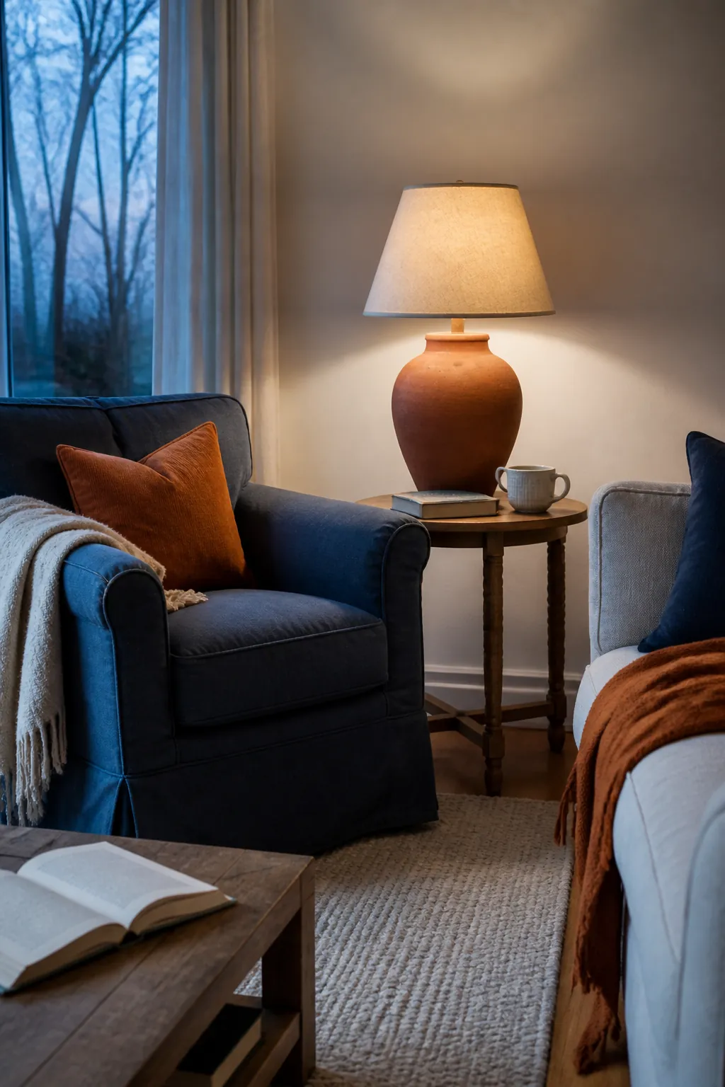 Terracotta Lamp Beside Blue Armchair styled for a blue and orange fall living room
