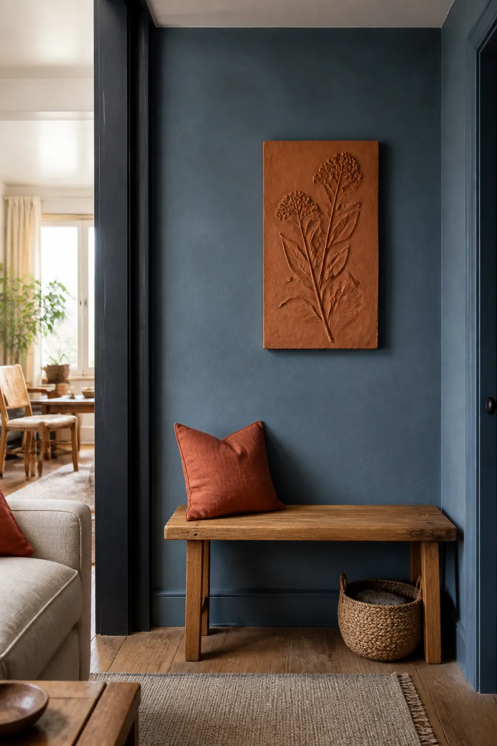 Blue And Terracotta Gallery Nook styled for a blue and orange fall living room