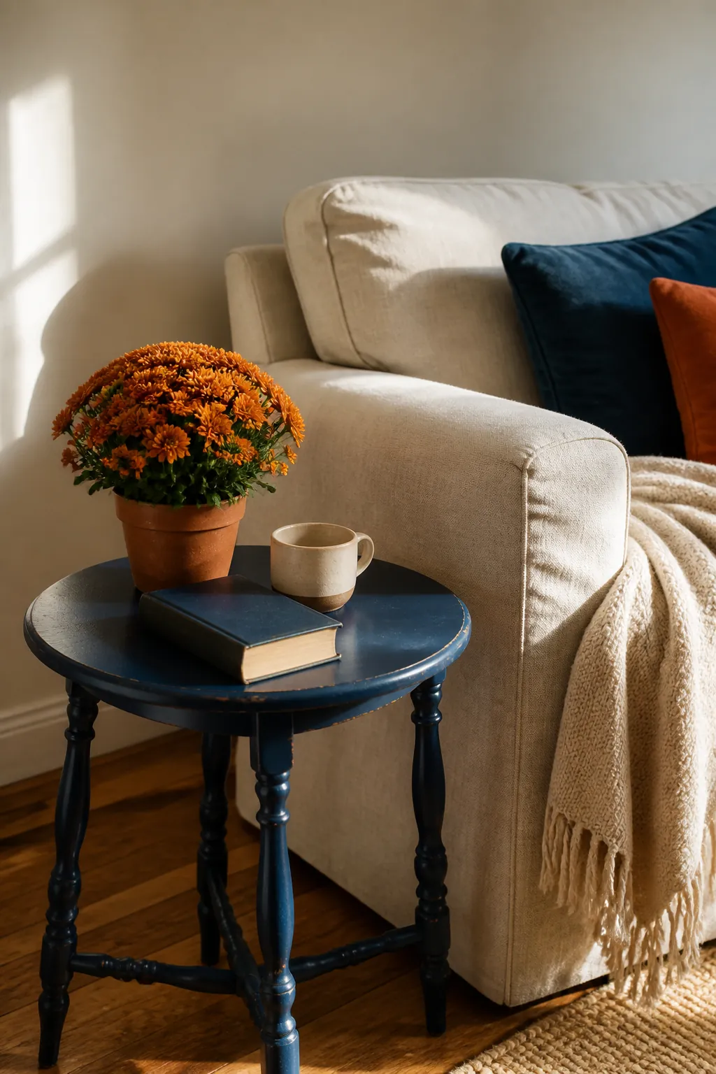 Cobalt Side Table With Orange Mums styled for a blue and orange fall living room