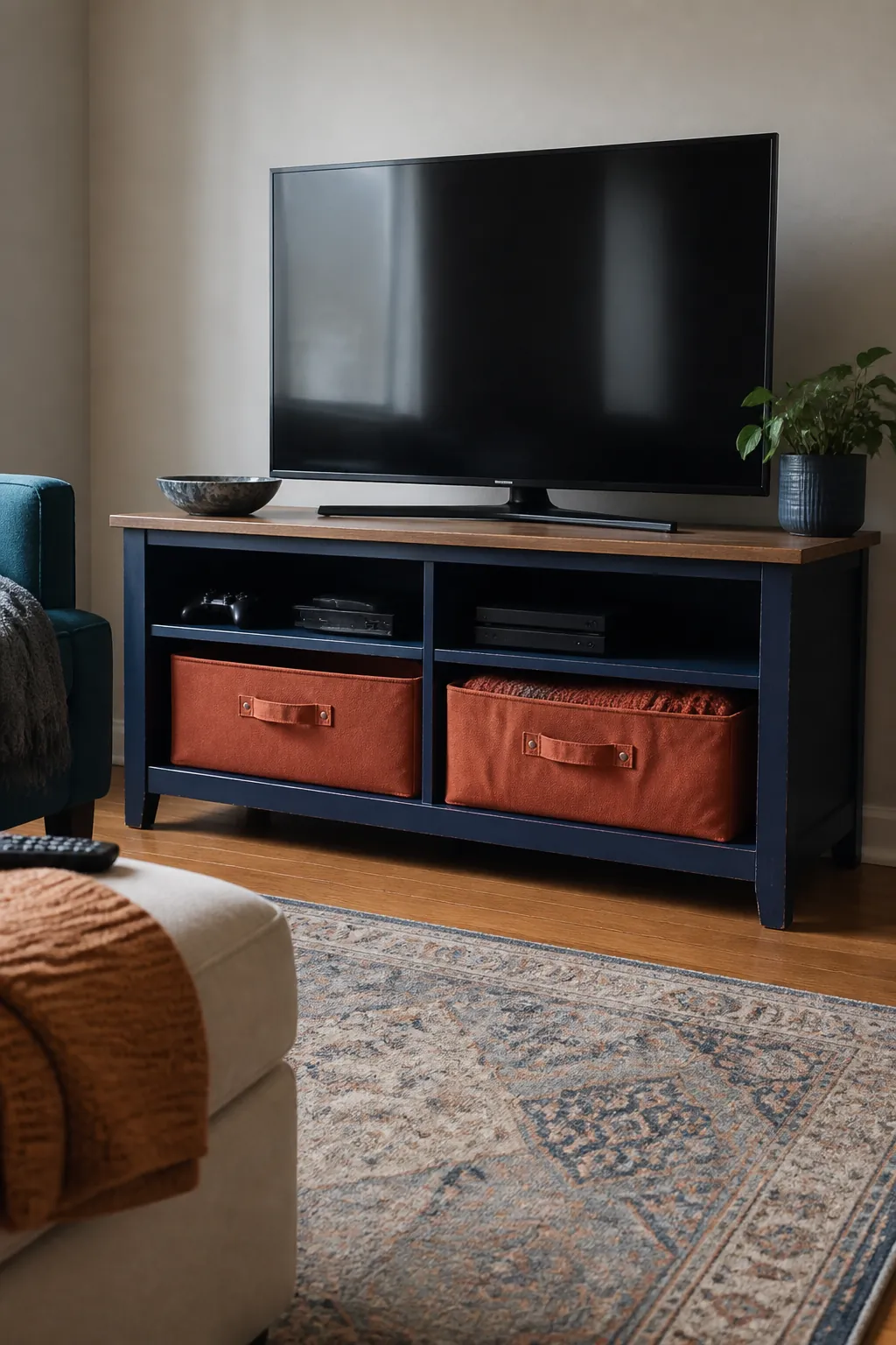 Navy Media Console With Rust Baskets styled for a blue and orange fall living room