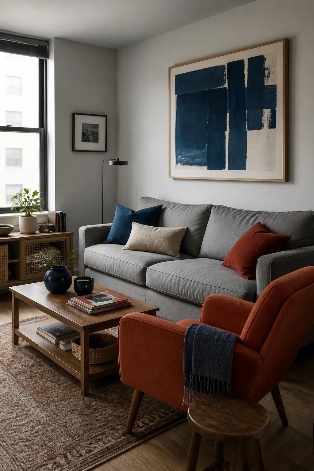 Orange And Gray Living Room With Blue Art styled for a blue and orange fall living room