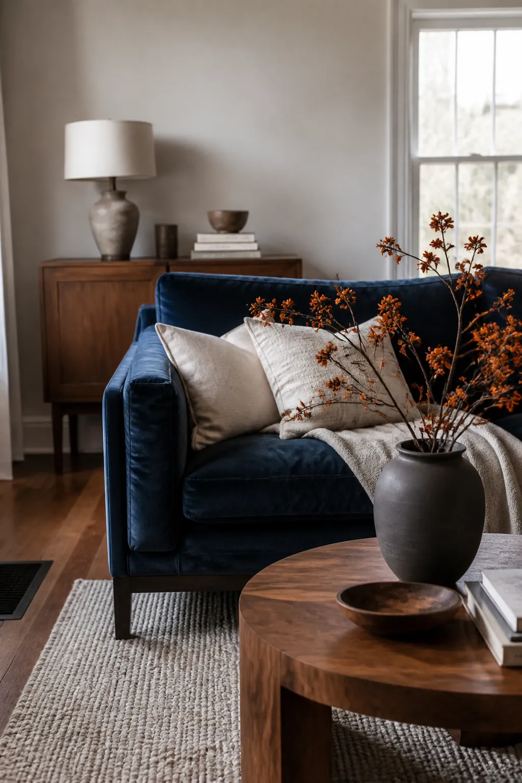 Blue Velvet Sofa With Marigold Branches styled for a blue and orange fall living room