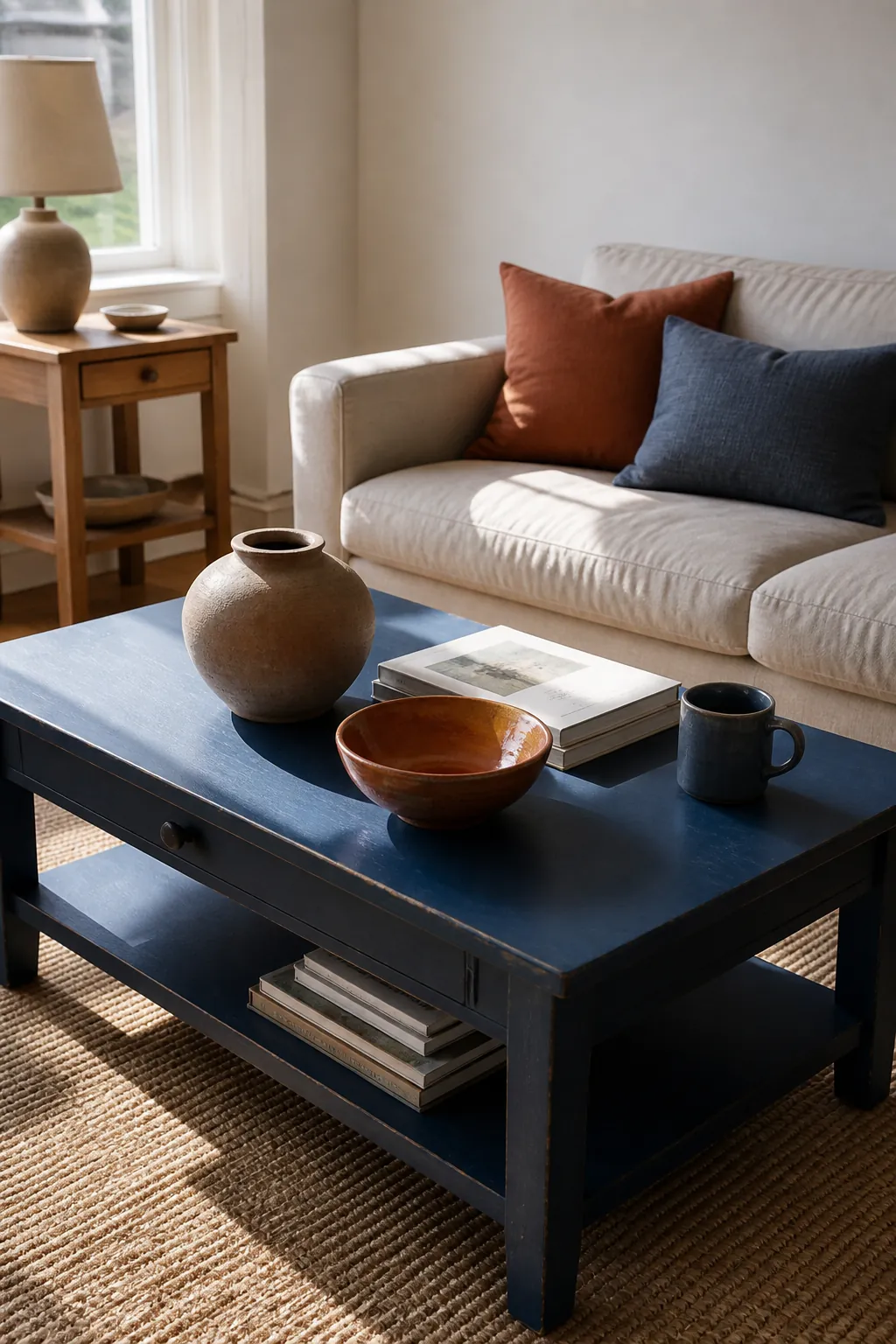 Blue Coffee Table With Clay Objects styled for a blue and orange fall living room