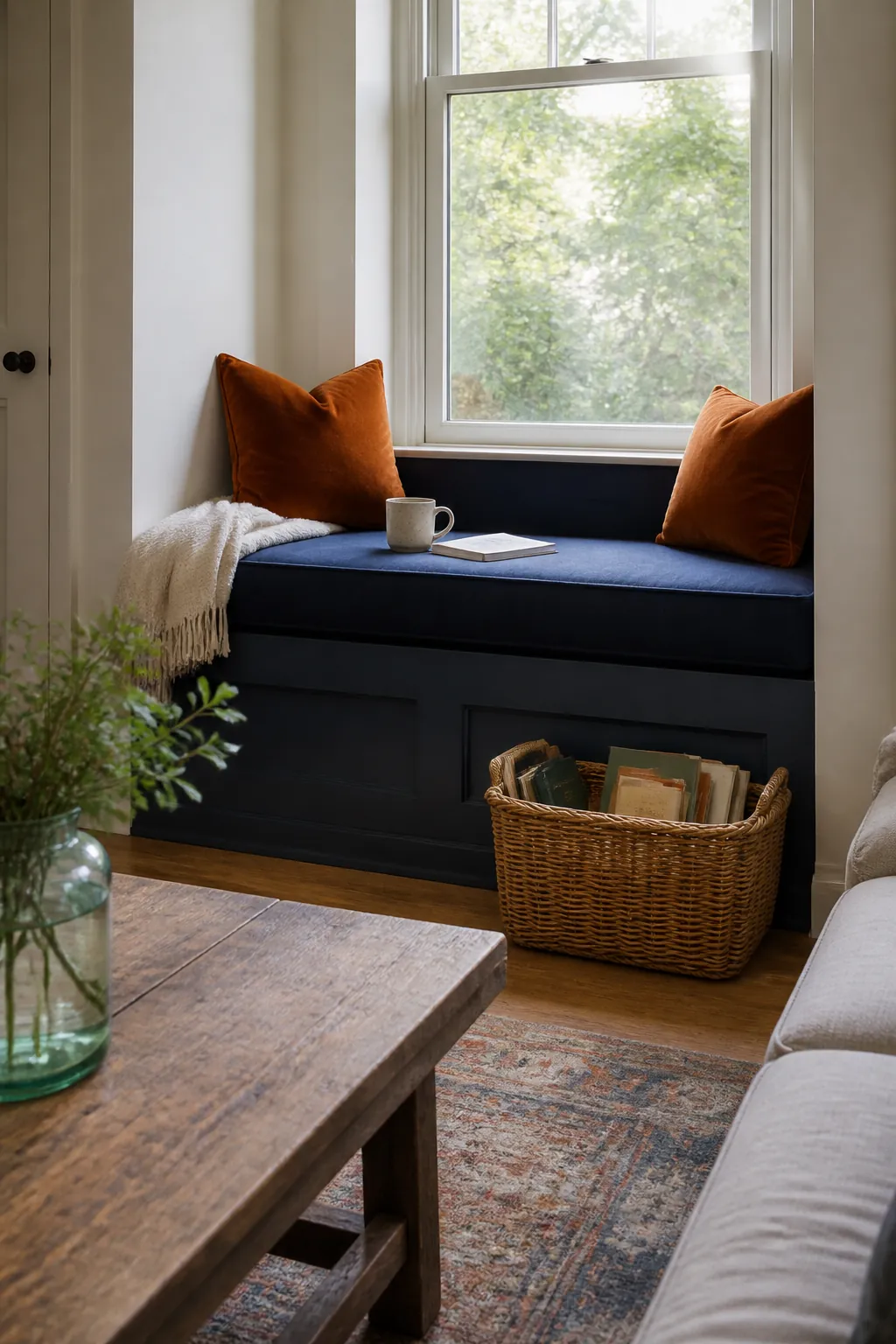 Indigo Window Seat With Copper Cushions styled for a blue and orange fall living room