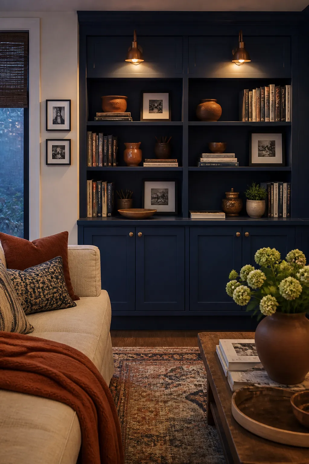 Navy Built Ins With Copper Sconces styled for a blue and orange fall living room