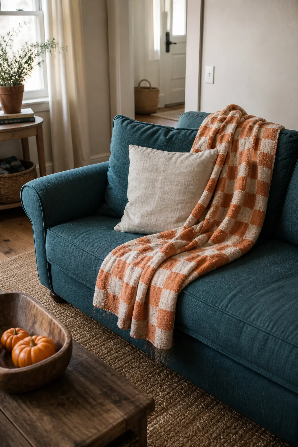 Teal Sofa With Pumpkin Check Blanket styled for a blue and orange fall living room
