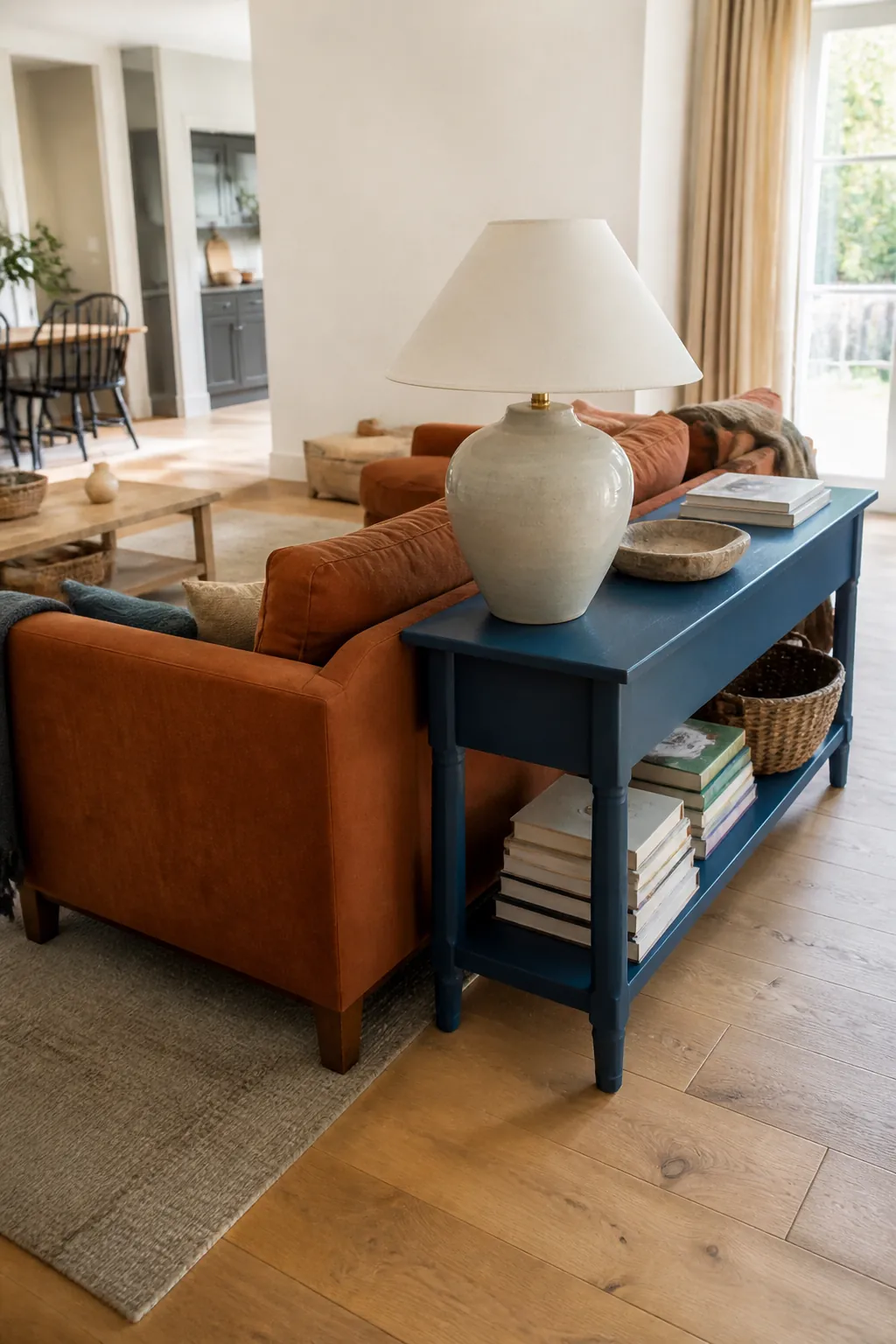 Blue Console Behind Rust Sofa styled for a blue and orange fall living room