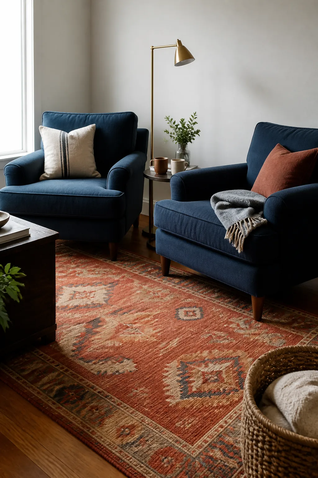Navy Chair Pair With Orange Kilim styled for a blue and orange fall living room