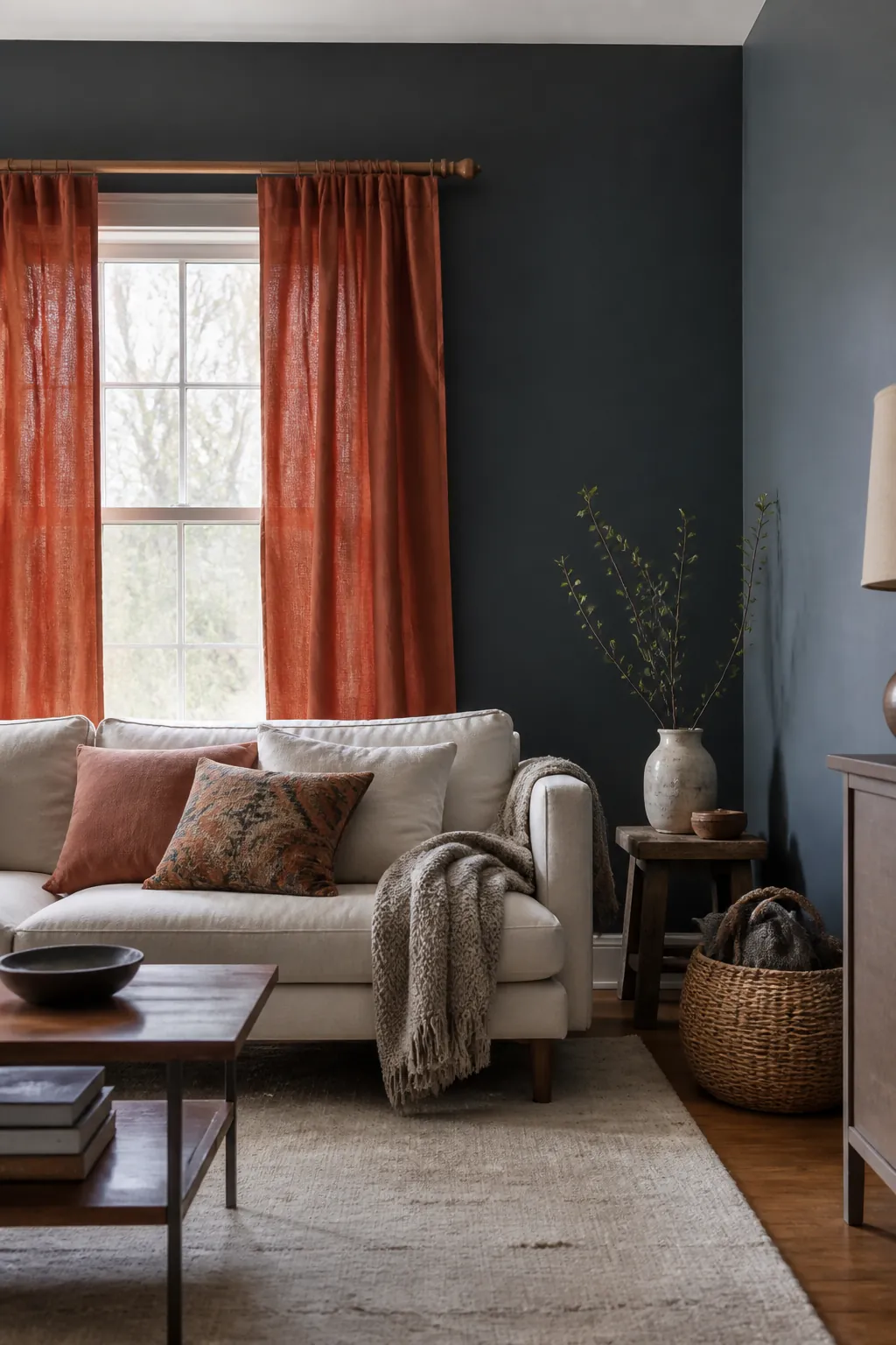 Slate Walls With Burnt Orange Drapes styled for a blue and orange fall living room