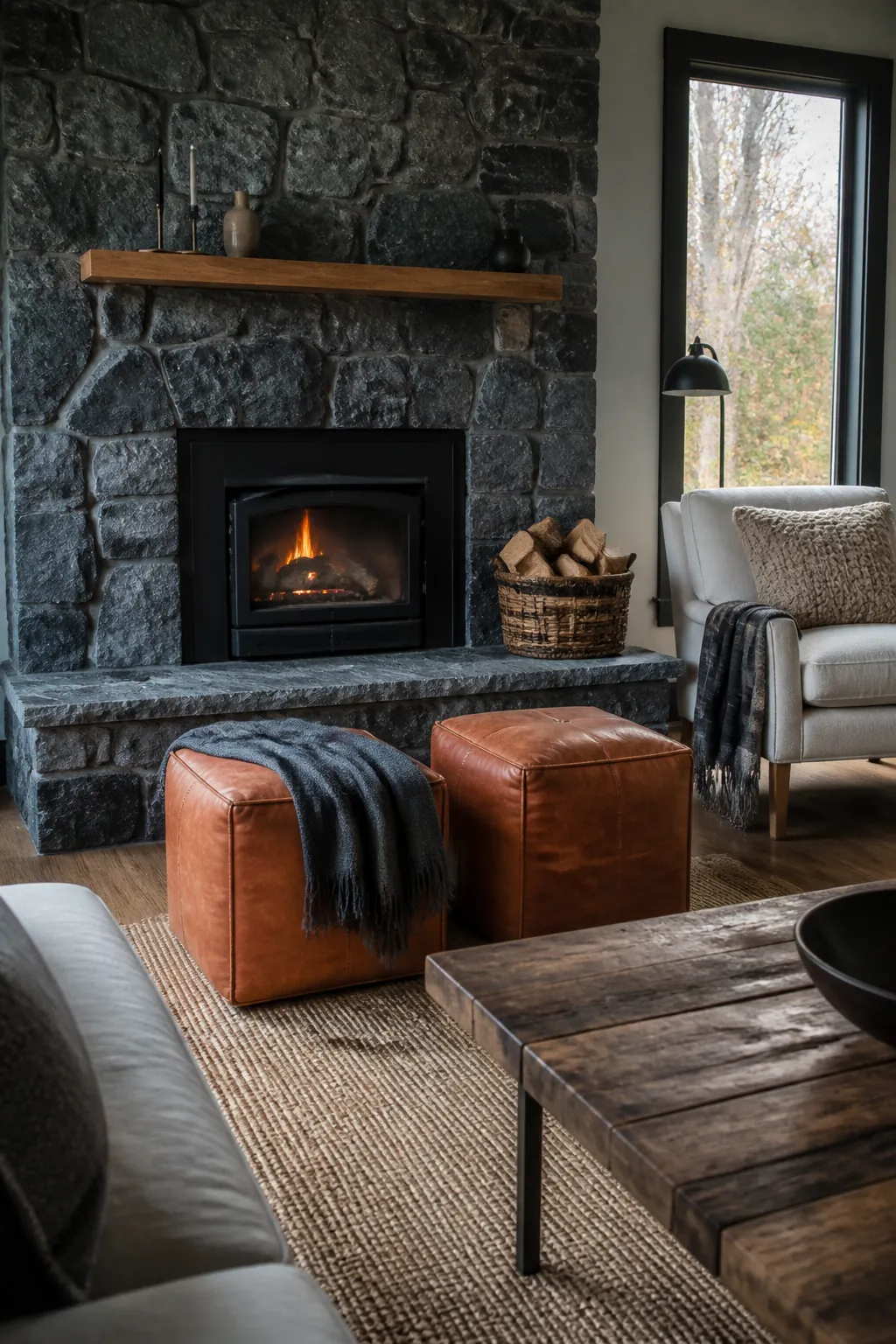 Blue Stone Fireplace With Rust Stools styled for a blue and orange fall living room