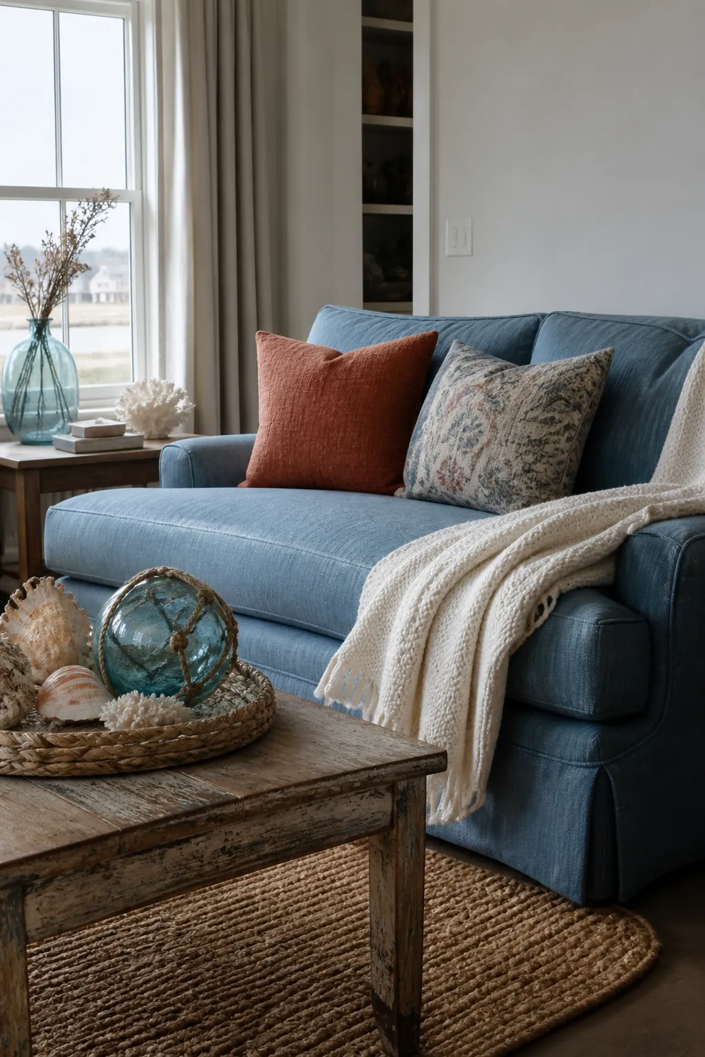 Coastal Blue Room With Autumn Coral styled for a blue and orange fall living room