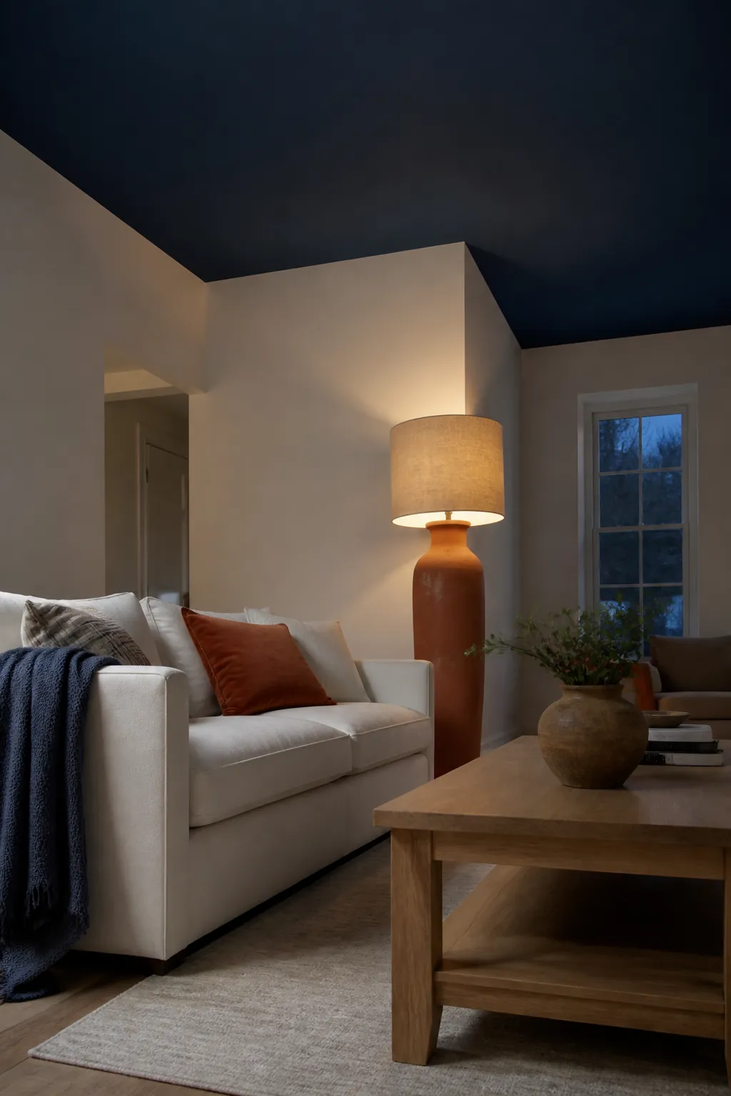 Navy Ceiling With Terracotta Floor Lamp styled for a blue and orange fall living room