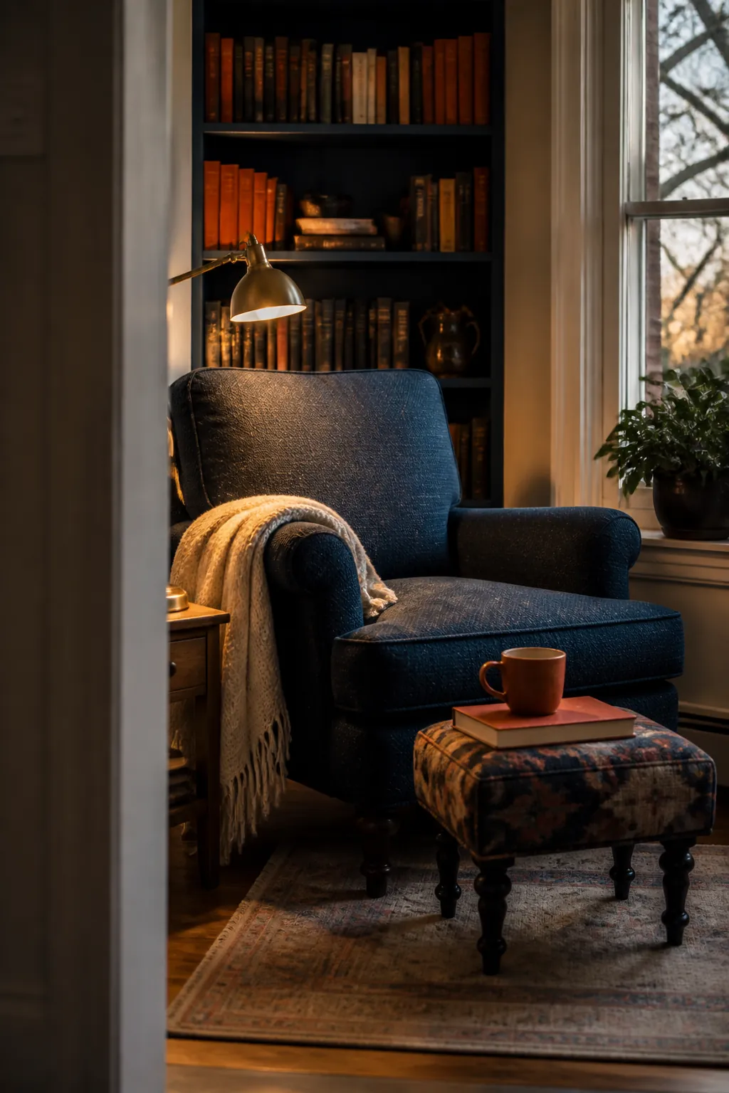 Blue Reading Nook With Orange Books styled for a blue and orange fall living room
