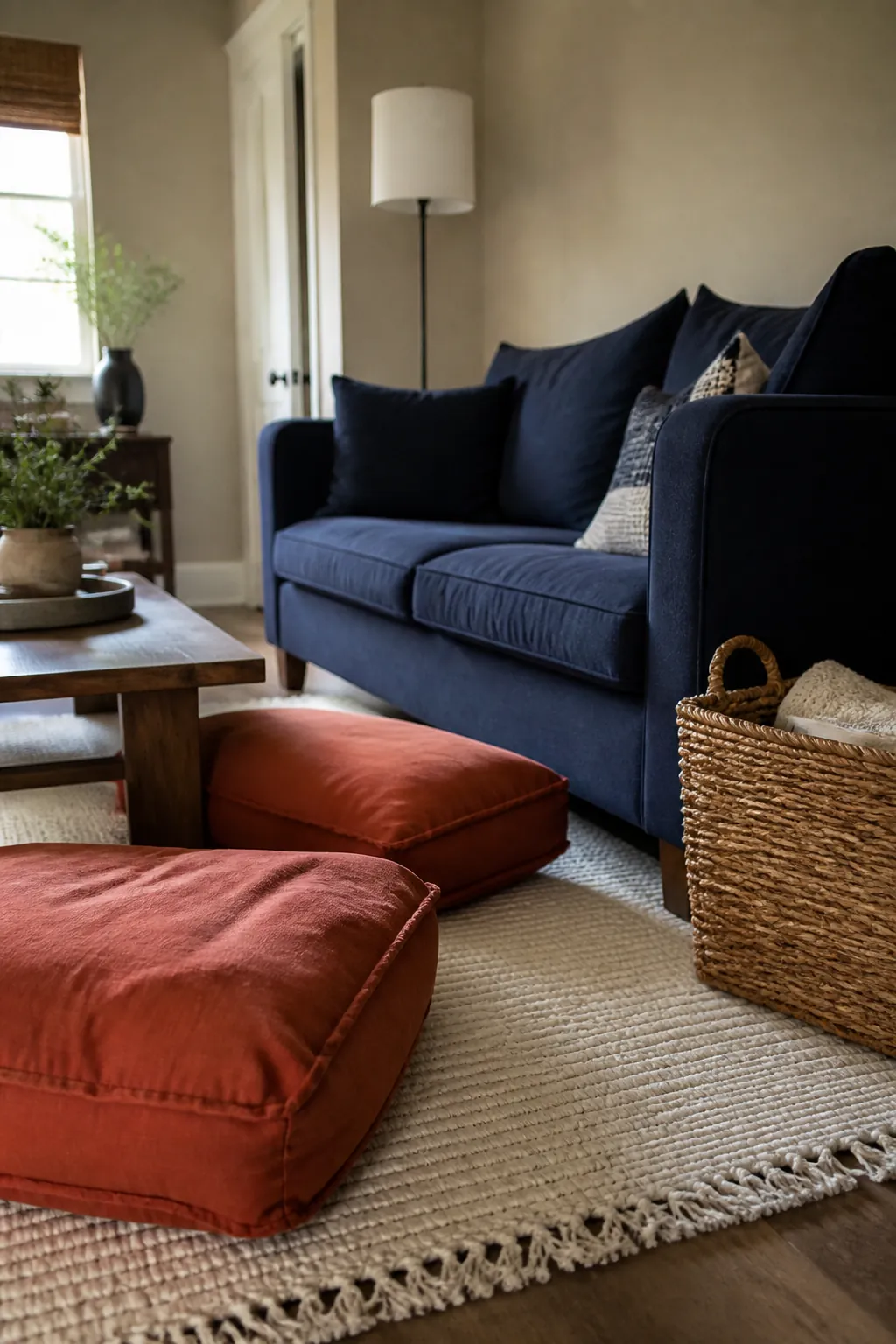 Midnight Sofa With Ember Floor Cushions styled for a blue and orange fall living room