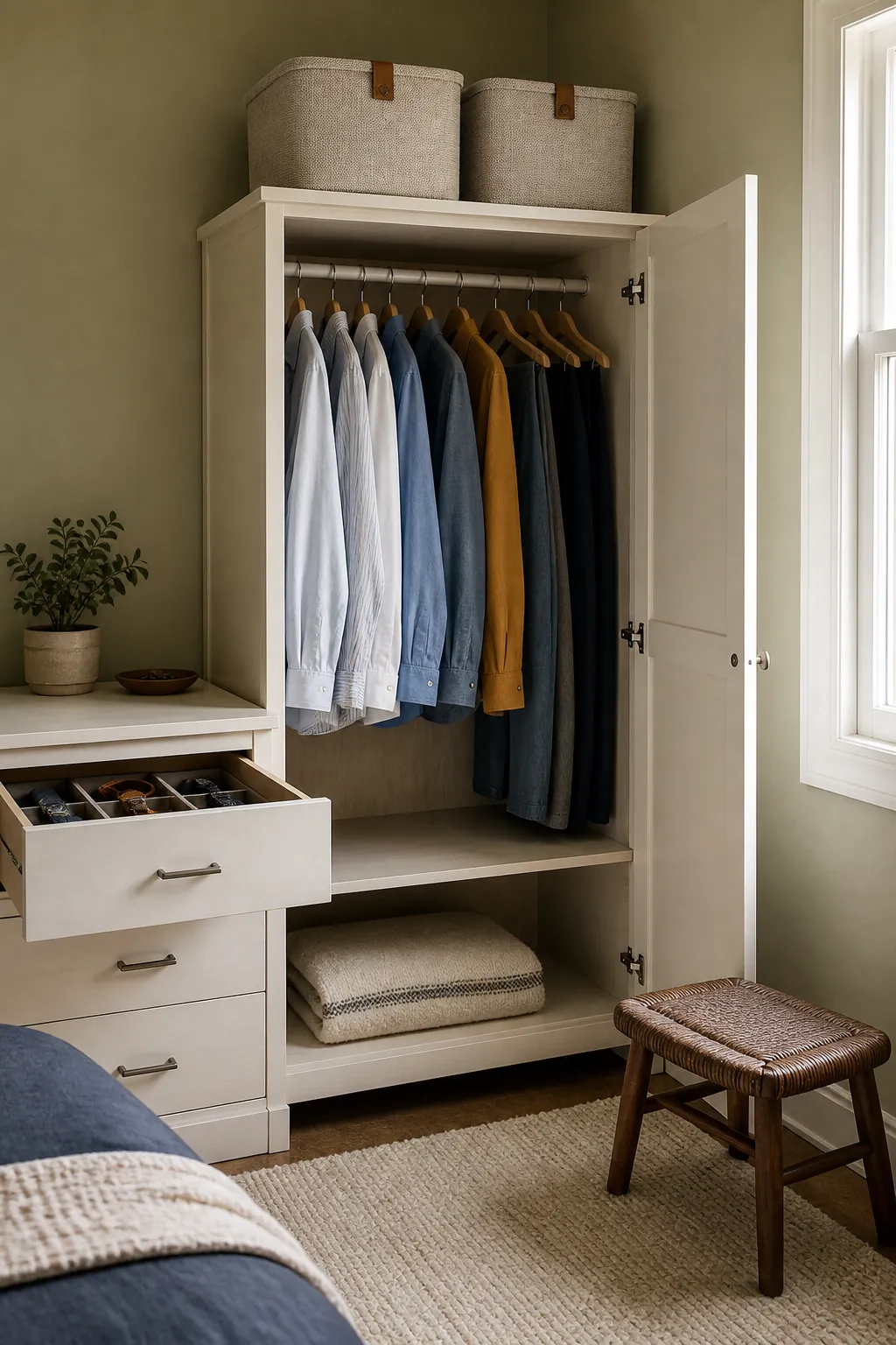 Bedroom storage arranged by daily and seasonal access frequency