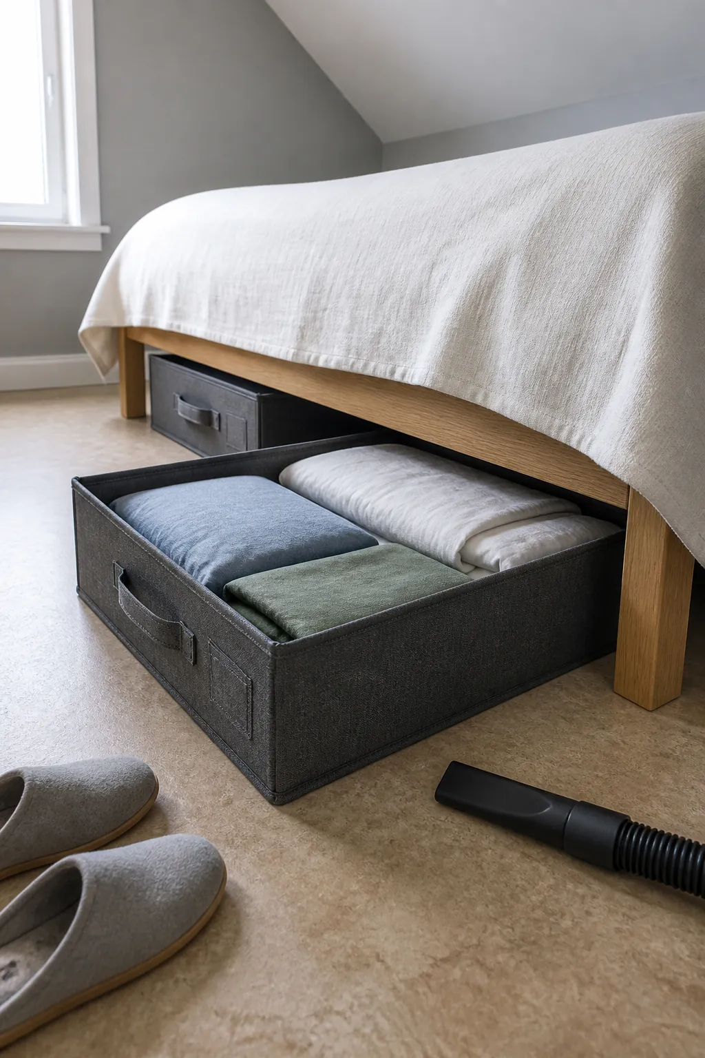 Low labeled storage drawers sliding easily from beneath a small bed