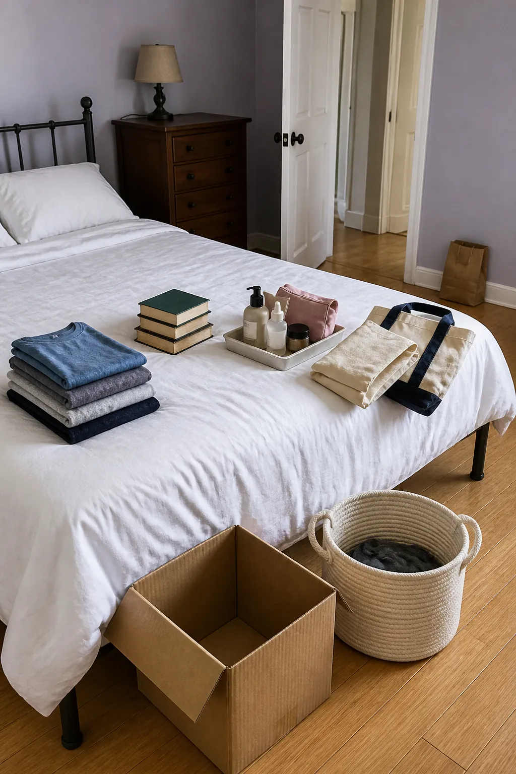Small clear sorting zone with bedroom items grouped by category