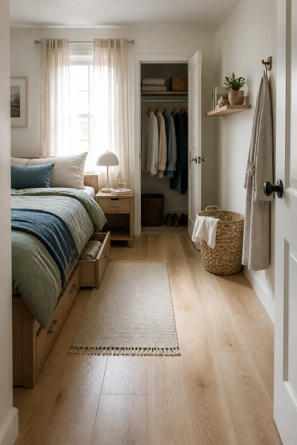 Organized small bedroom with clear surfaces and defined storage zones