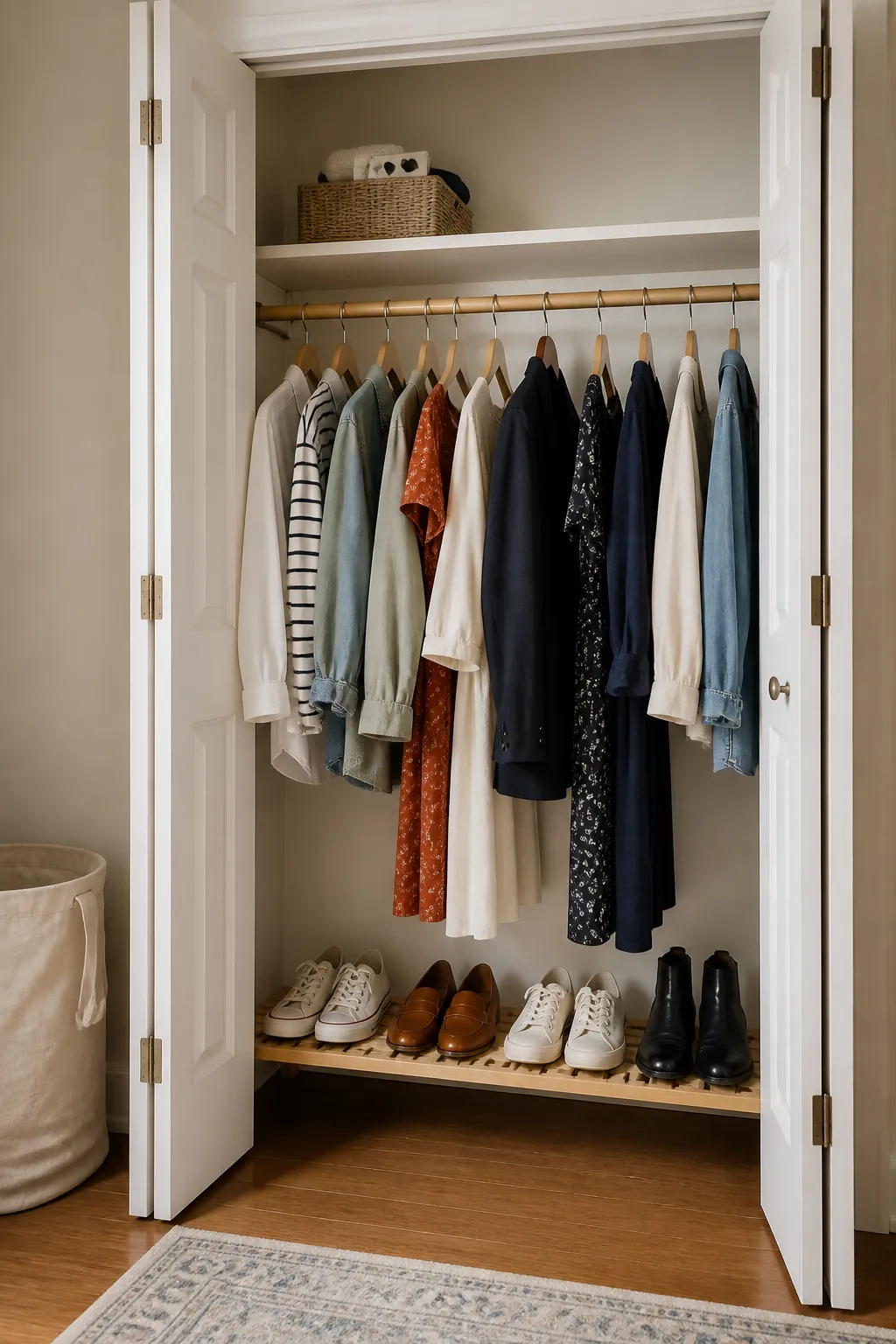 Edited small closet with spaced clothing and a clear shoe shelf