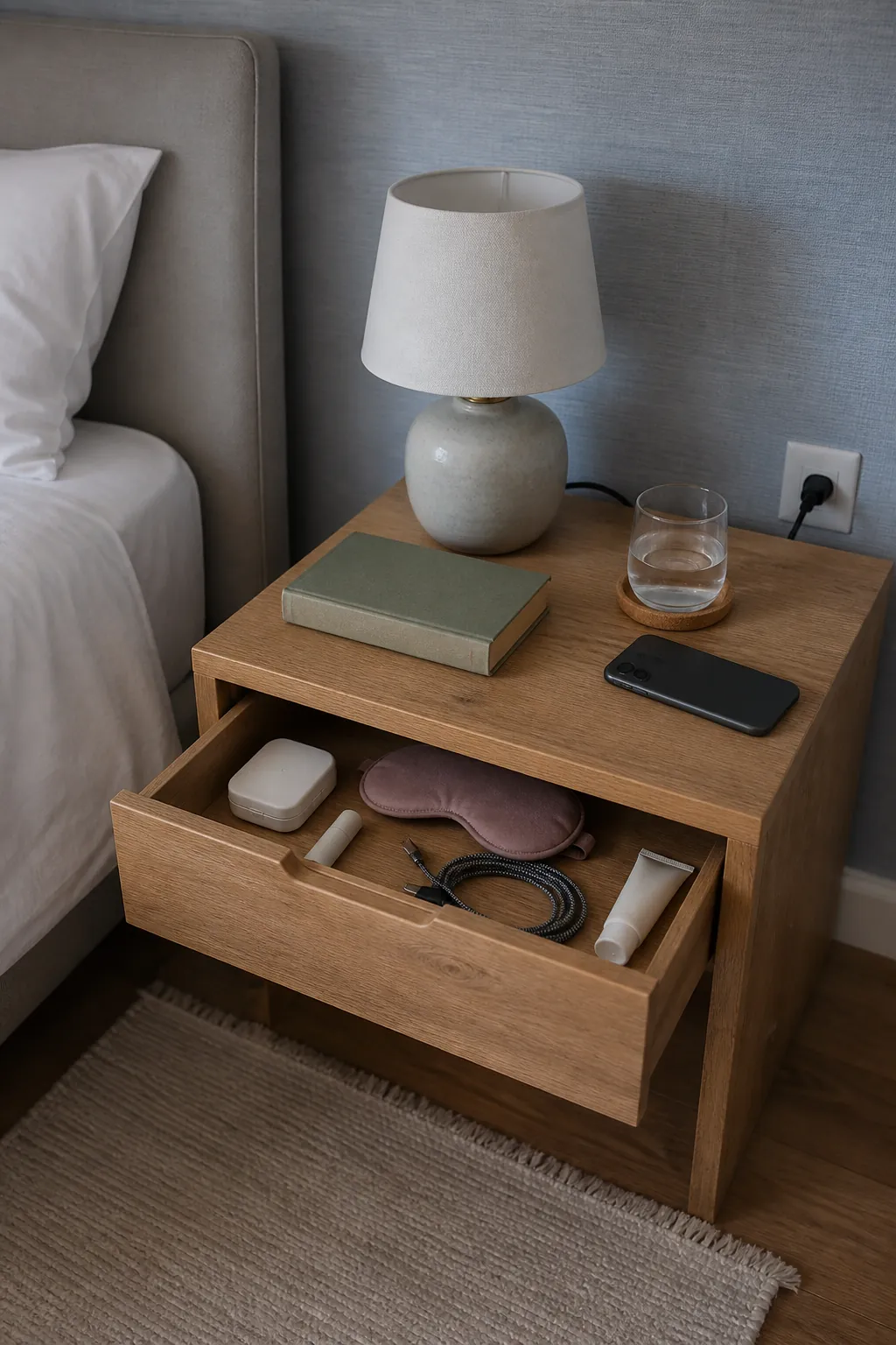 Calm bedside table with a drawer for essential nighttime items