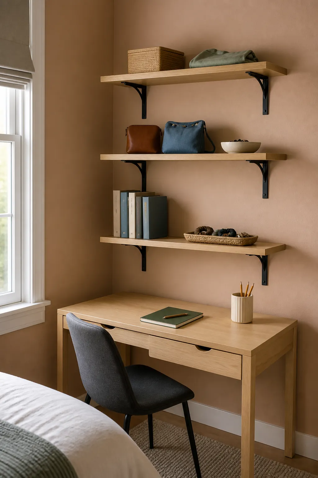 Vertical bedroom shelves holding light items with open breathing space