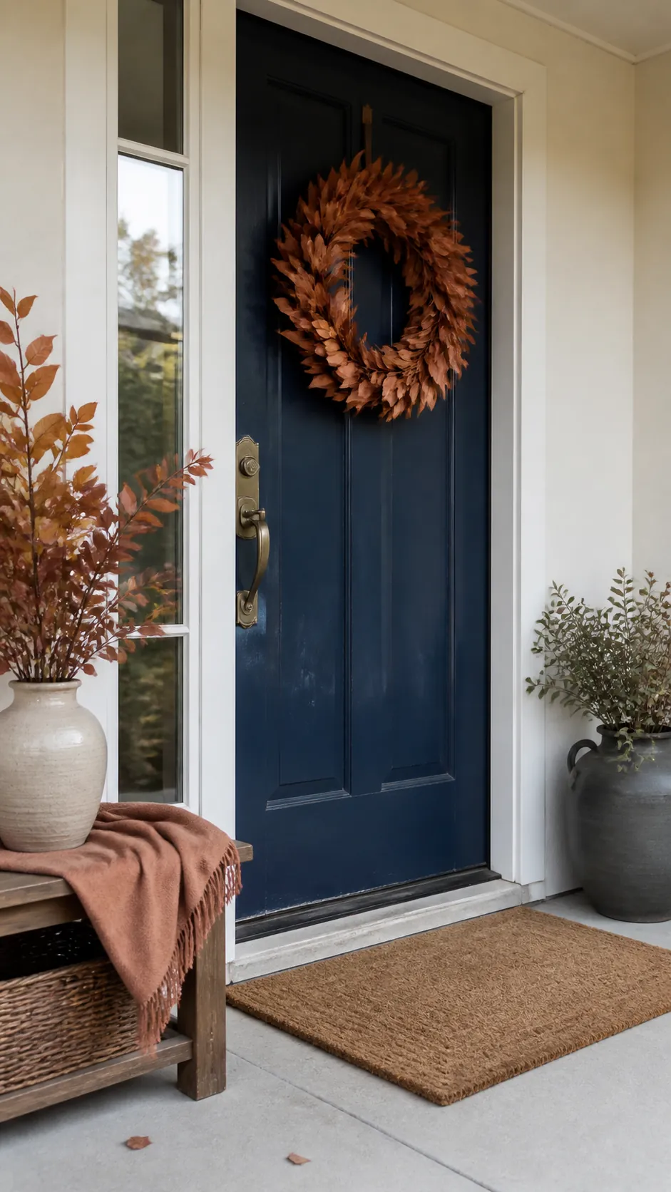 Navy Door With Copper Wreath arranged as navy blue and orange fall decor