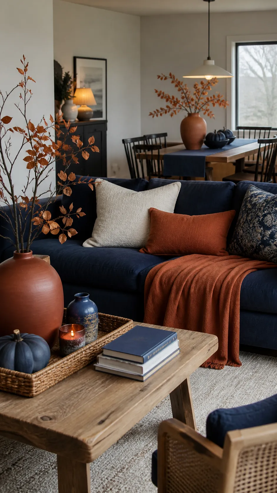 Navy blue and orange fall decor layered through a welcoming home