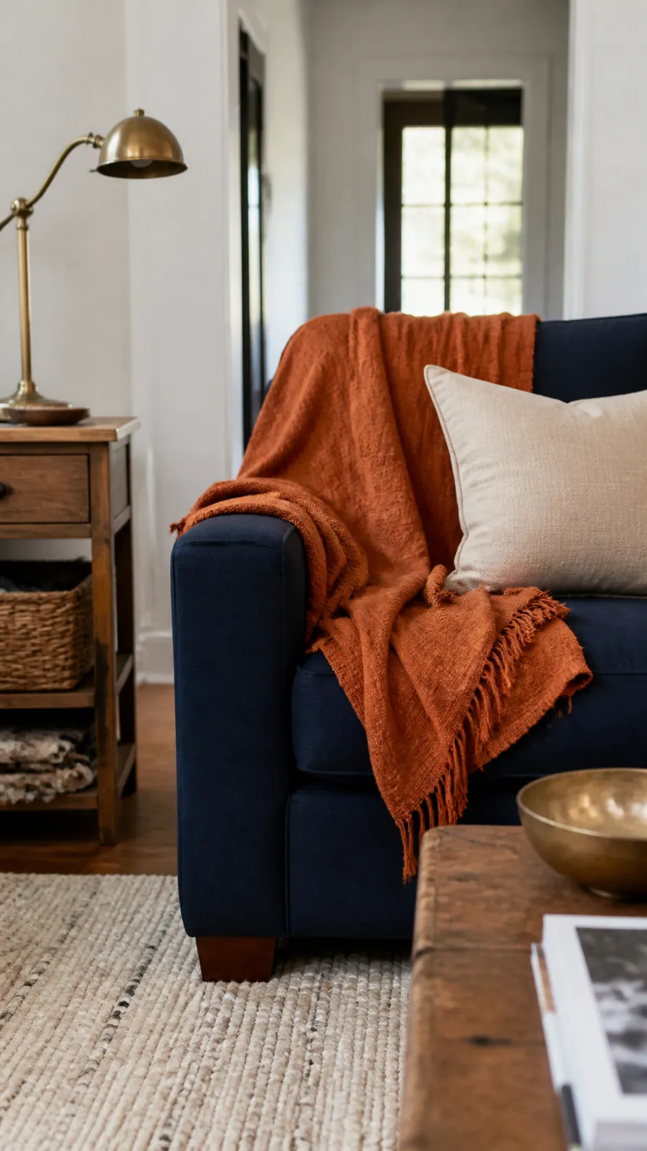 Navy Sofa With Ember Throw arranged as navy blue and orange fall decor