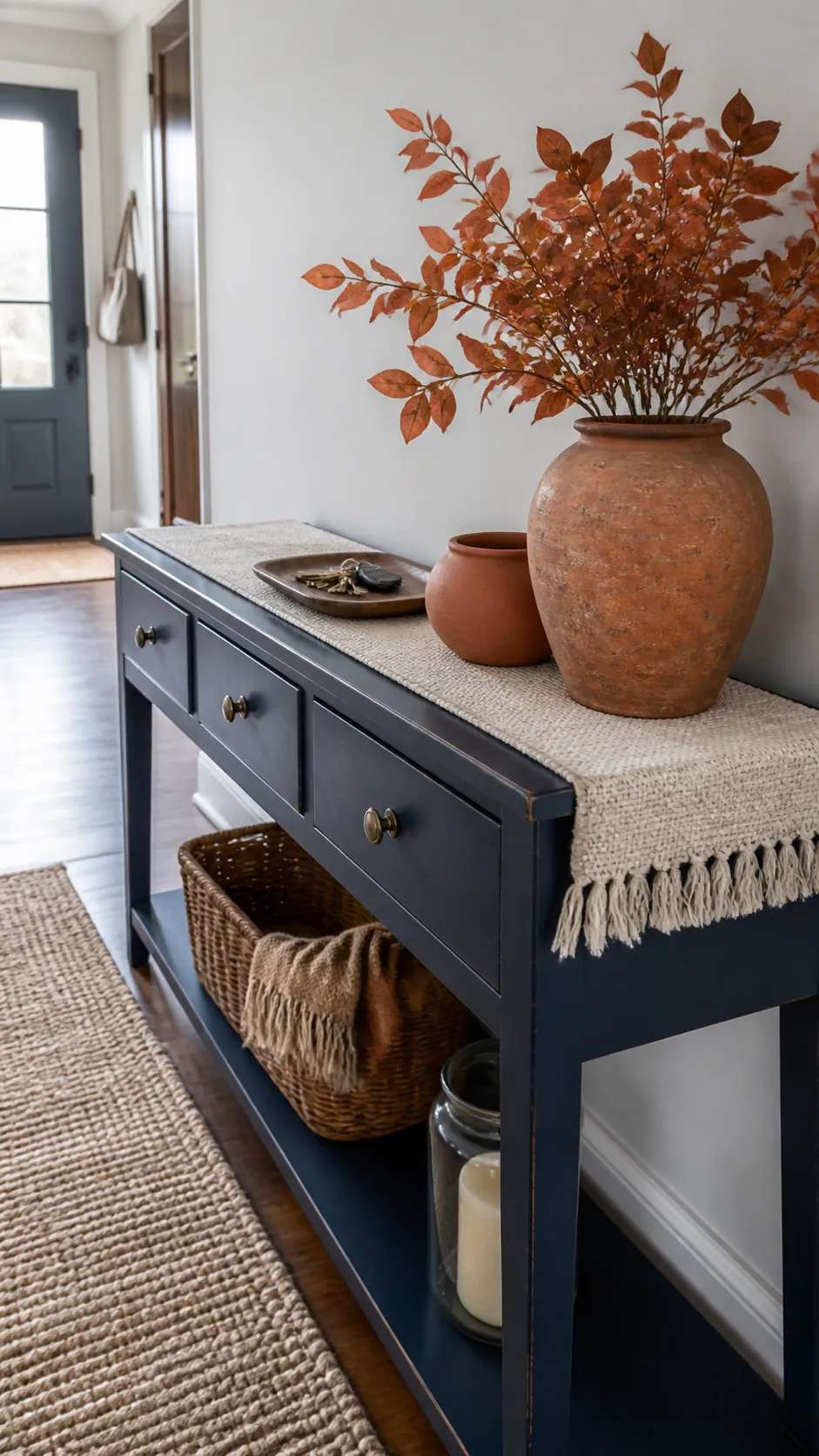 Indigo Console With Rust Pottery arranged as navy blue and orange fall decor