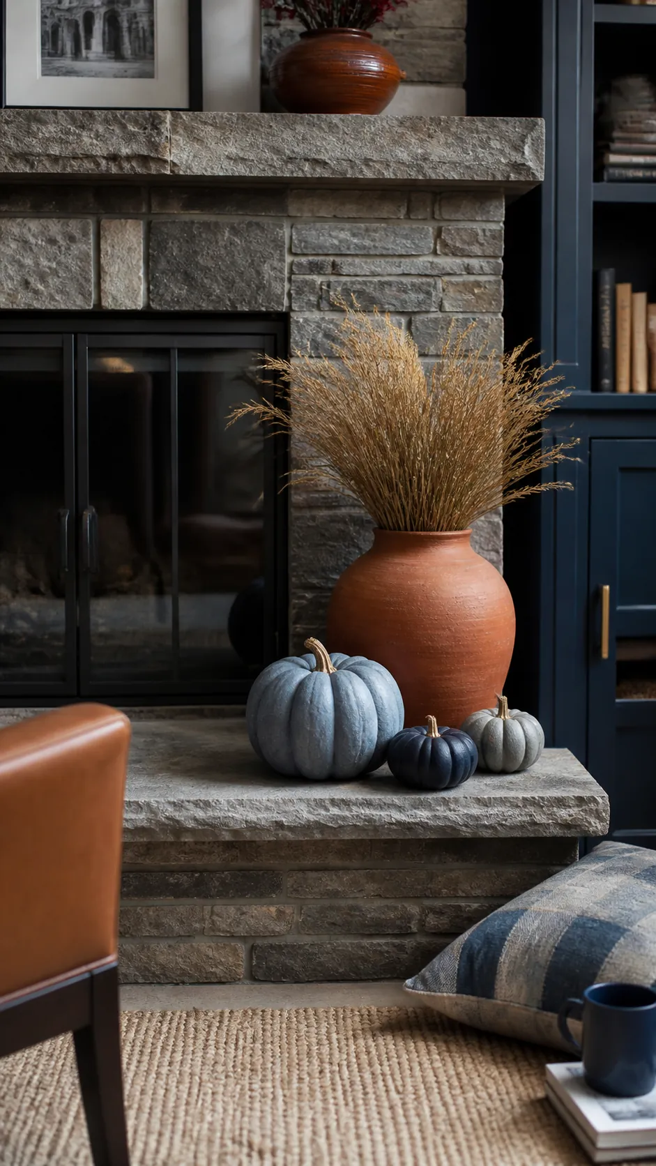Blue Pumpkins On A Stone Hearth arranged as navy blue and orange fall decor