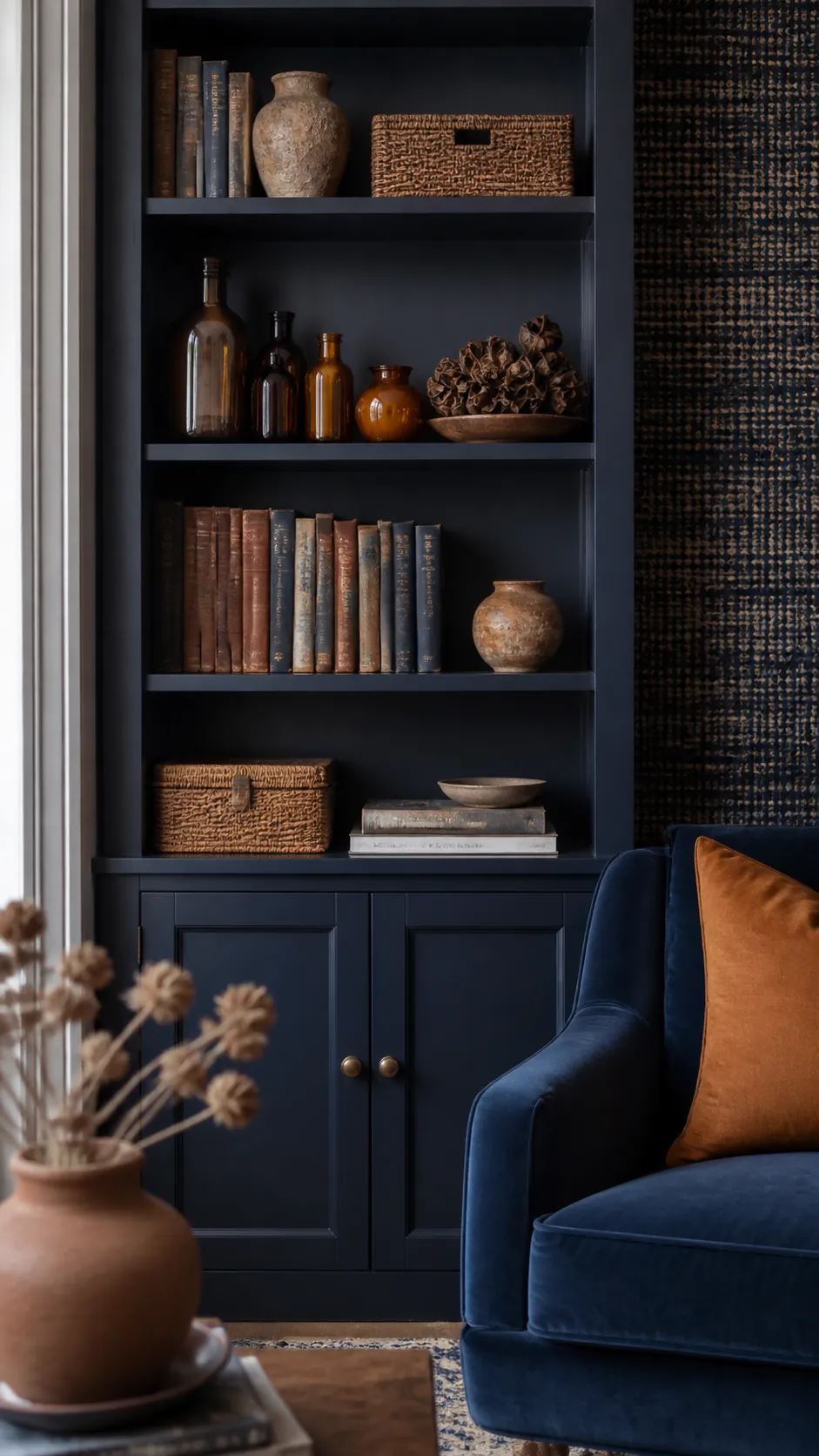 Midnight Bookcase With Amber Bottles arranged as navy blue and orange fall decor