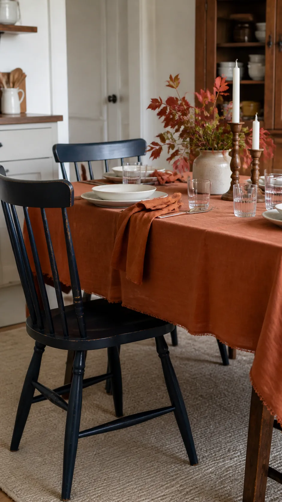 Navy Dining Chairs With Rust Linen arranged as navy blue and orange fall decor