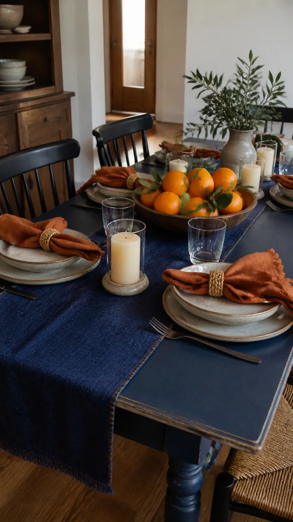 Blue Thanksgiving Table With Oranges arranged as navy blue and orange fall decor