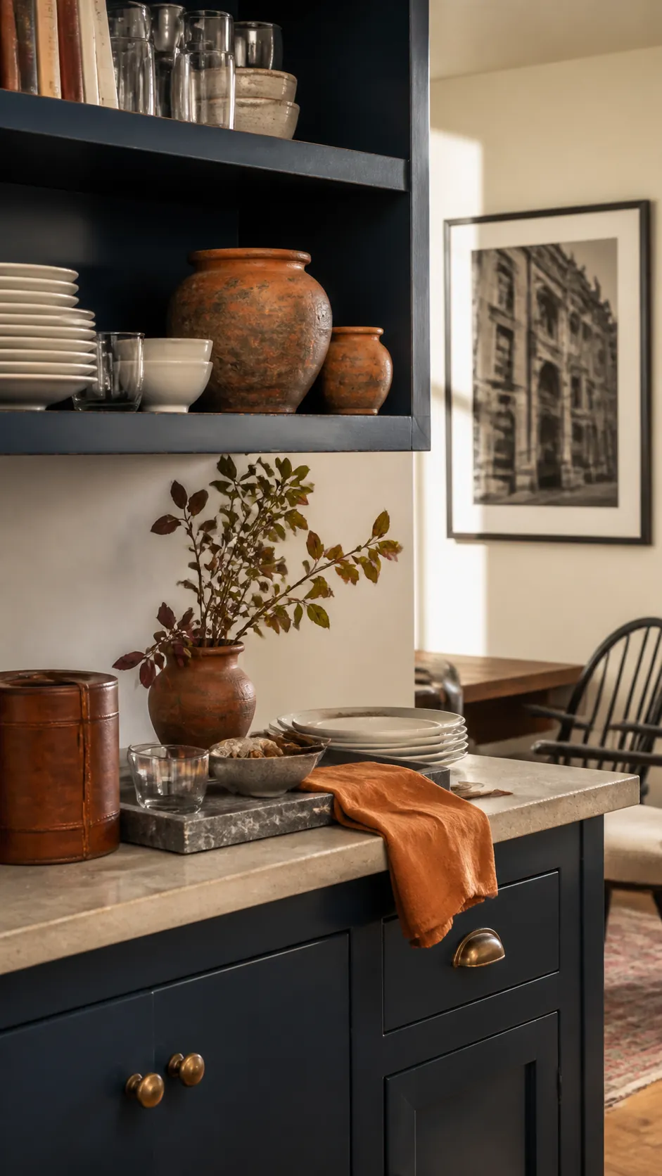 Cobalt Shelves With Terracotta Jars arranged as navy blue and orange fall decor