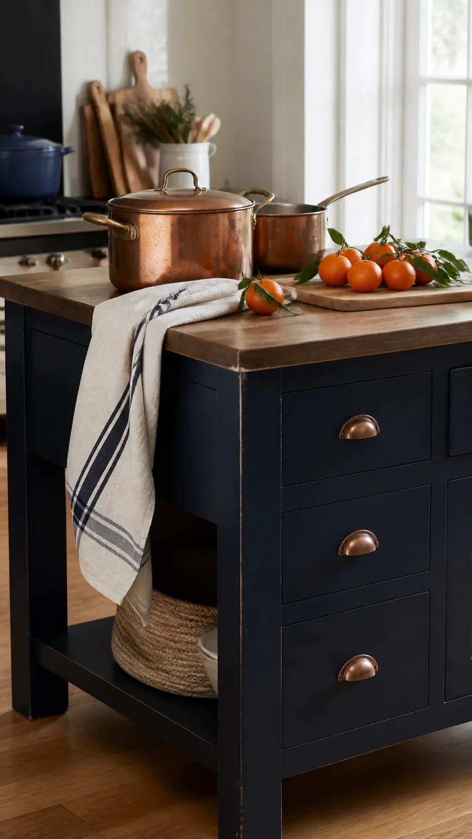 Navy Kitchen Island With Copper Pots arranged as navy blue and orange fall decor