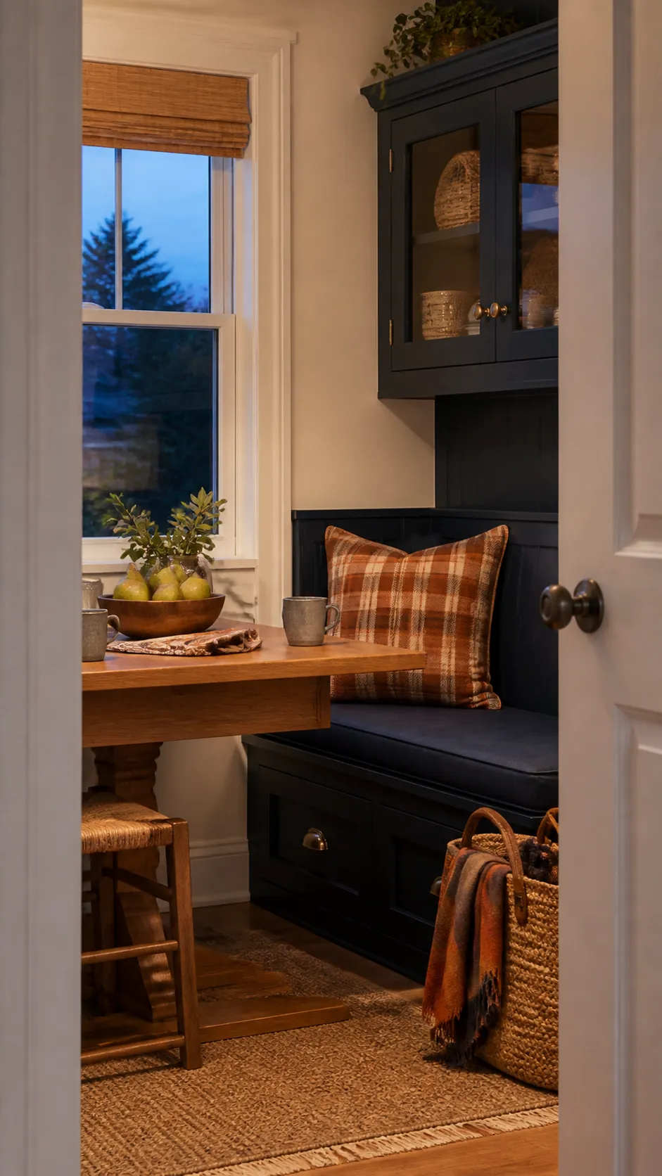 Navy Breakfast Nook With Pumpkin Plaid arranged as navy blue and orange fall decor
