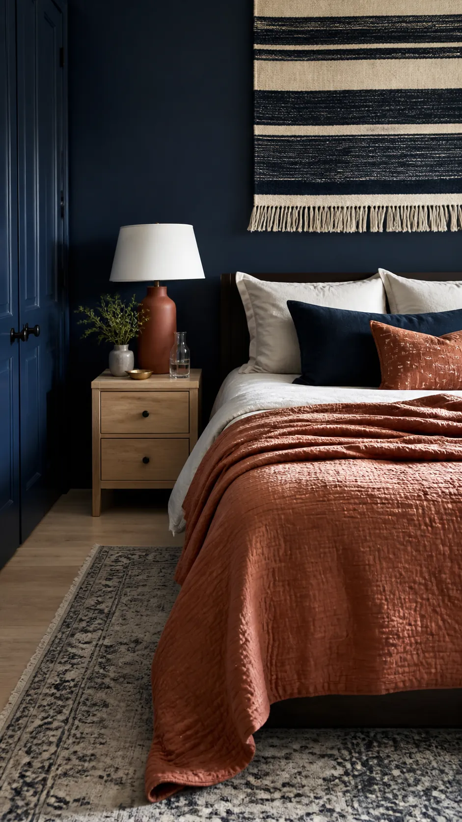 Dark Blue Bedroom With Rust Quilt arranged as navy blue and orange fall decor