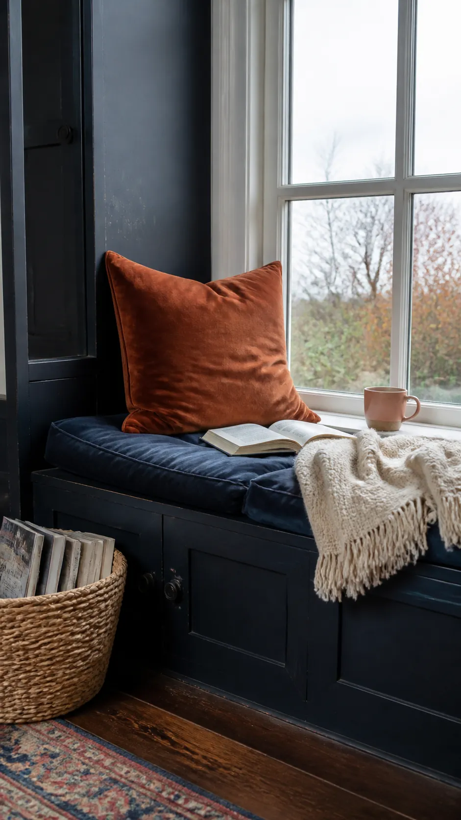 Indigo Window Seat With Copper Pillow arranged as navy blue and orange fall decor
