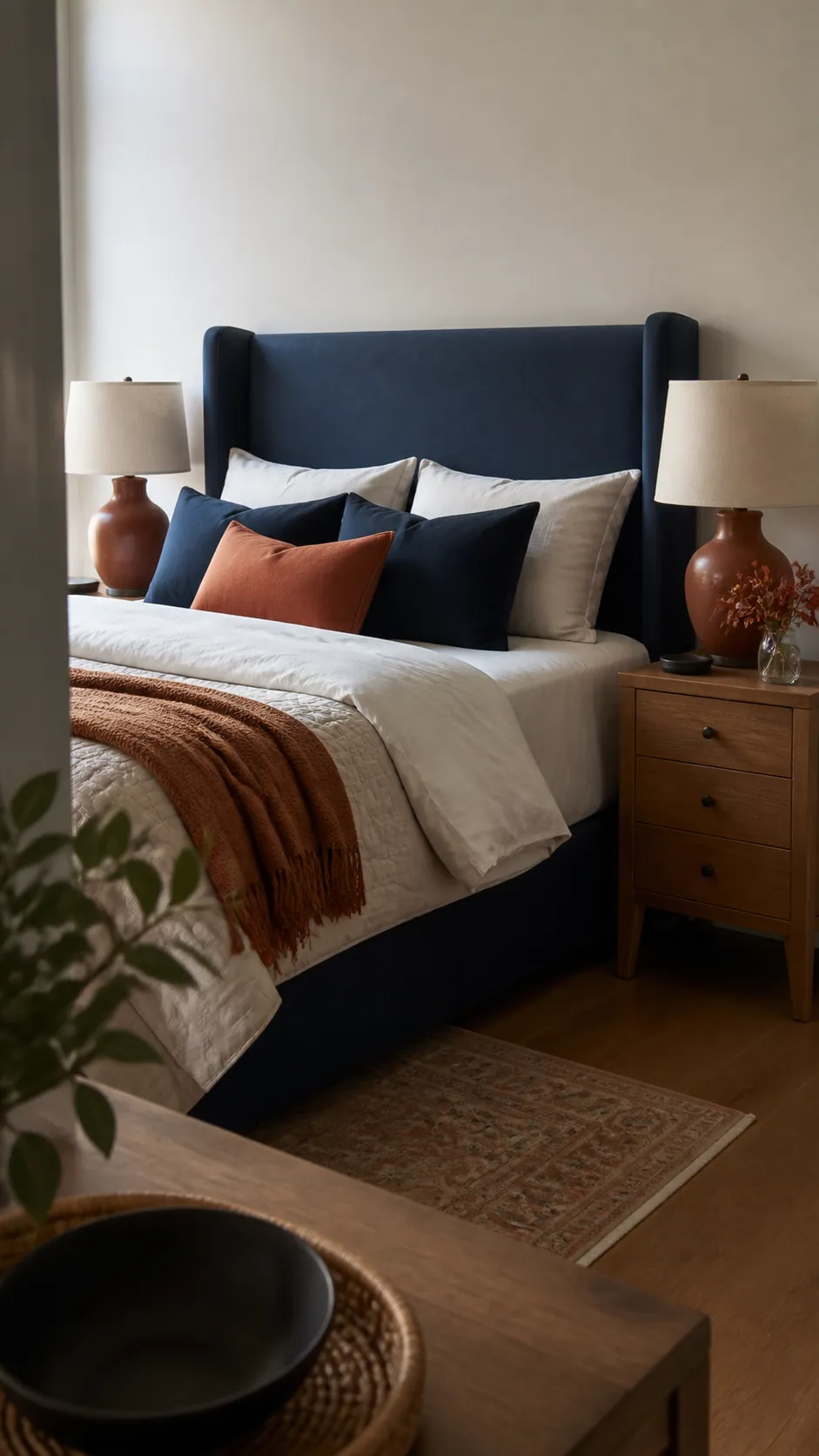 Navy Headboard With Terracotta Lamps arranged as navy blue and orange fall decor
