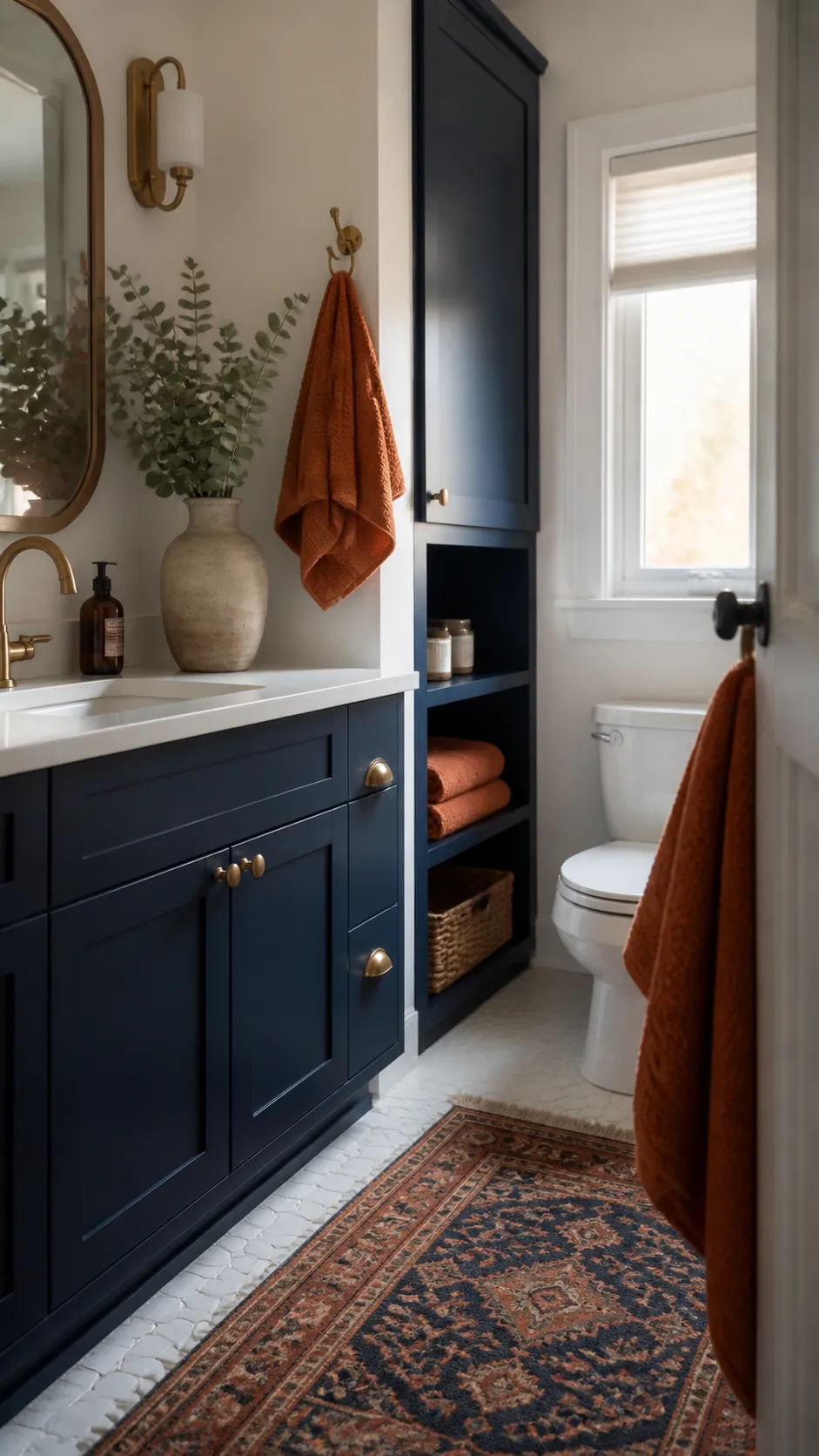 Navy Bathroom With Burnt Orange Towels arranged as navy blue and orange fall decor
