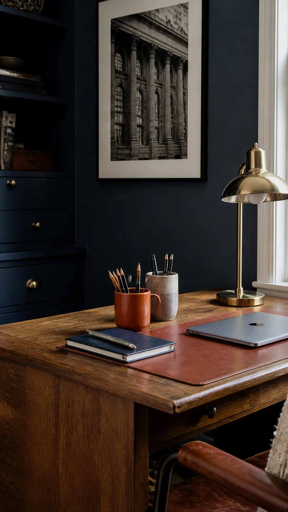 Blue Home Office With Clay Desk Set arranged as navy blue and orange fall decor