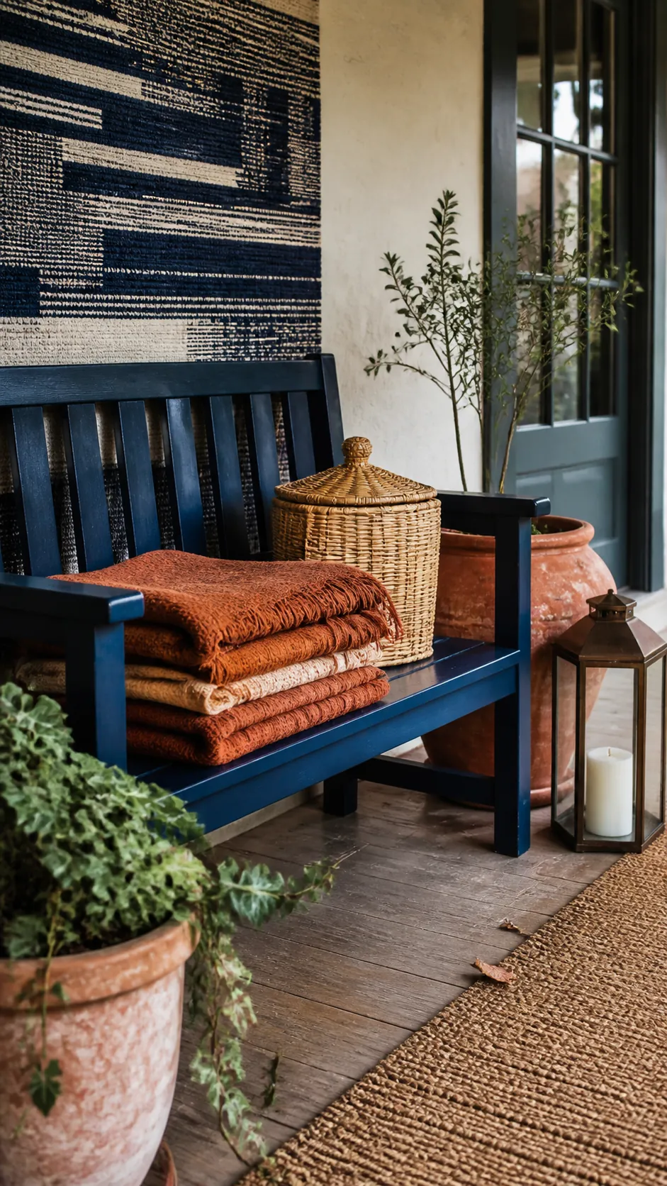 Blue Porch Bench With Rust Blankets arranged as navy blue and orange fall decor