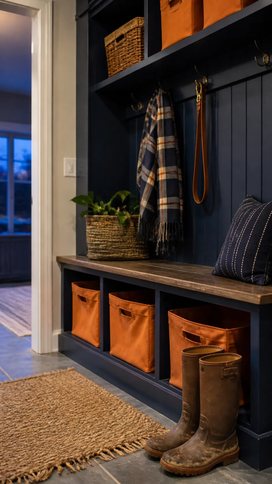 Navy Mudroom With Orange Canvas Bins arranged as navy blue and orange fall decor
