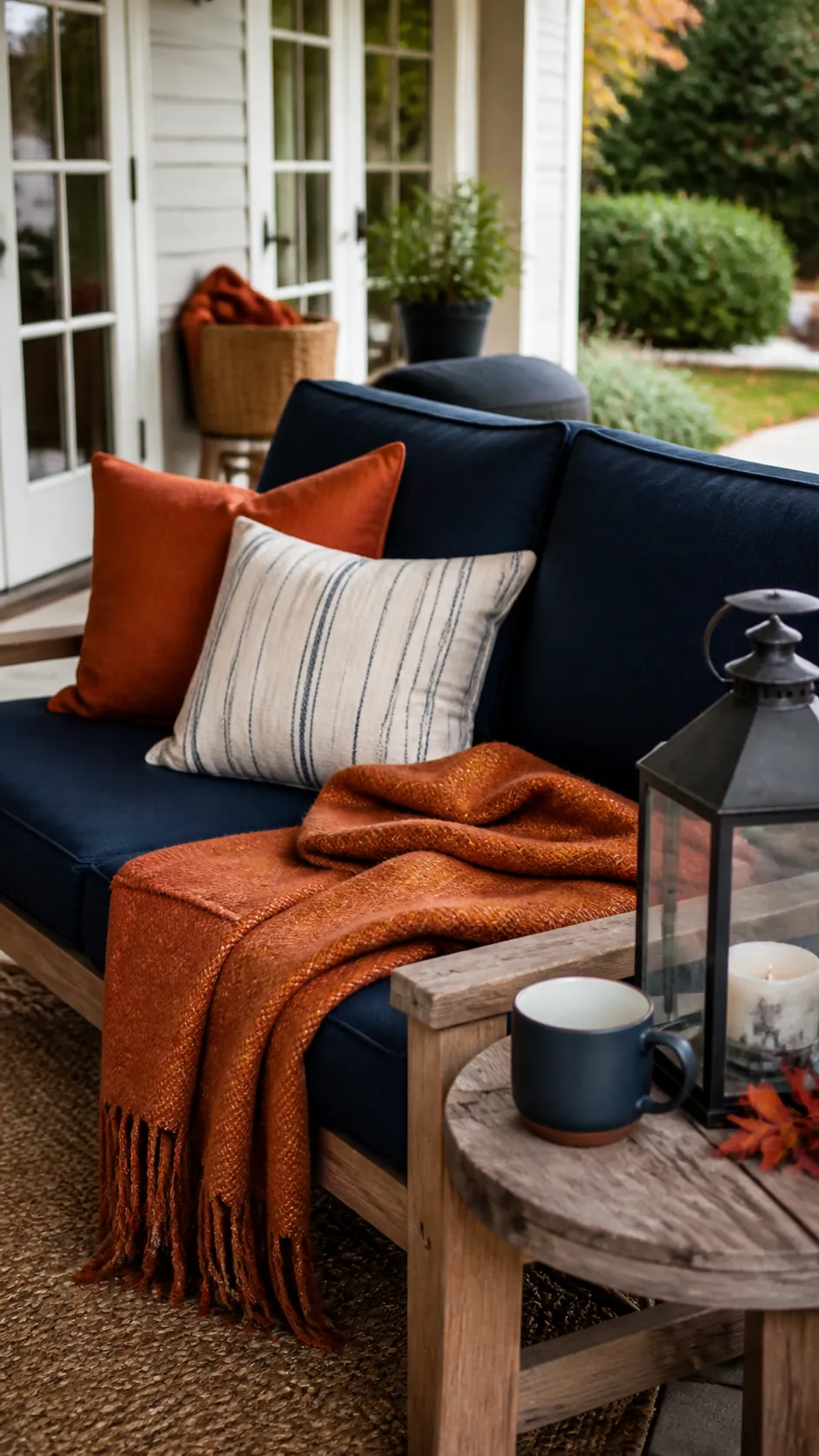Navy Patio Cushions With Ember Throws arranged as navy blue and orange fall decor