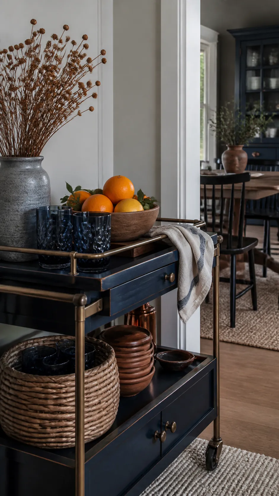 Indigo Bar Cart With Citrus arranged as navy blue and orange fall decor
