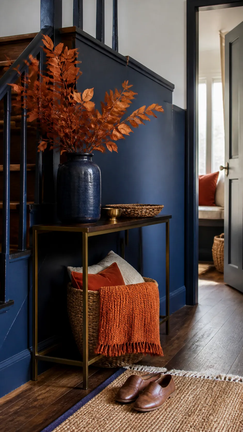 Navy Stair Landing With Copper Leaves arranged as navy blue and orange fall decor