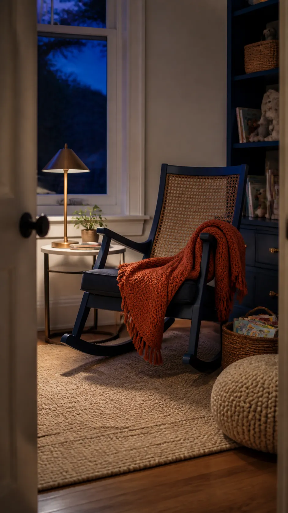 Navy Nursery Chair With Orange Knit arranged as navy blue and orange fall decor