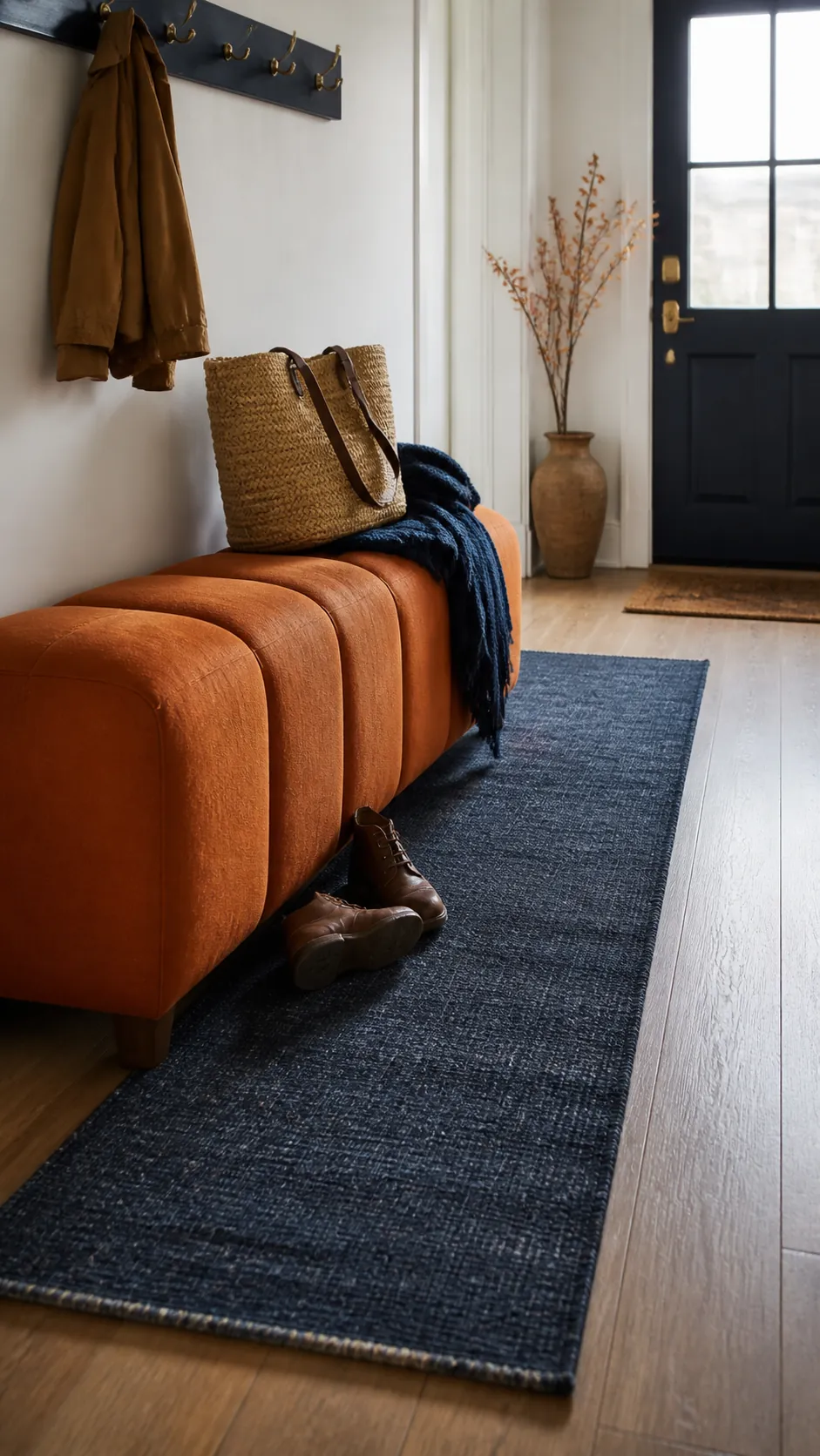 Blue Entry Rug With Pumpkin Bench arranged as navy blue and orange fall decor